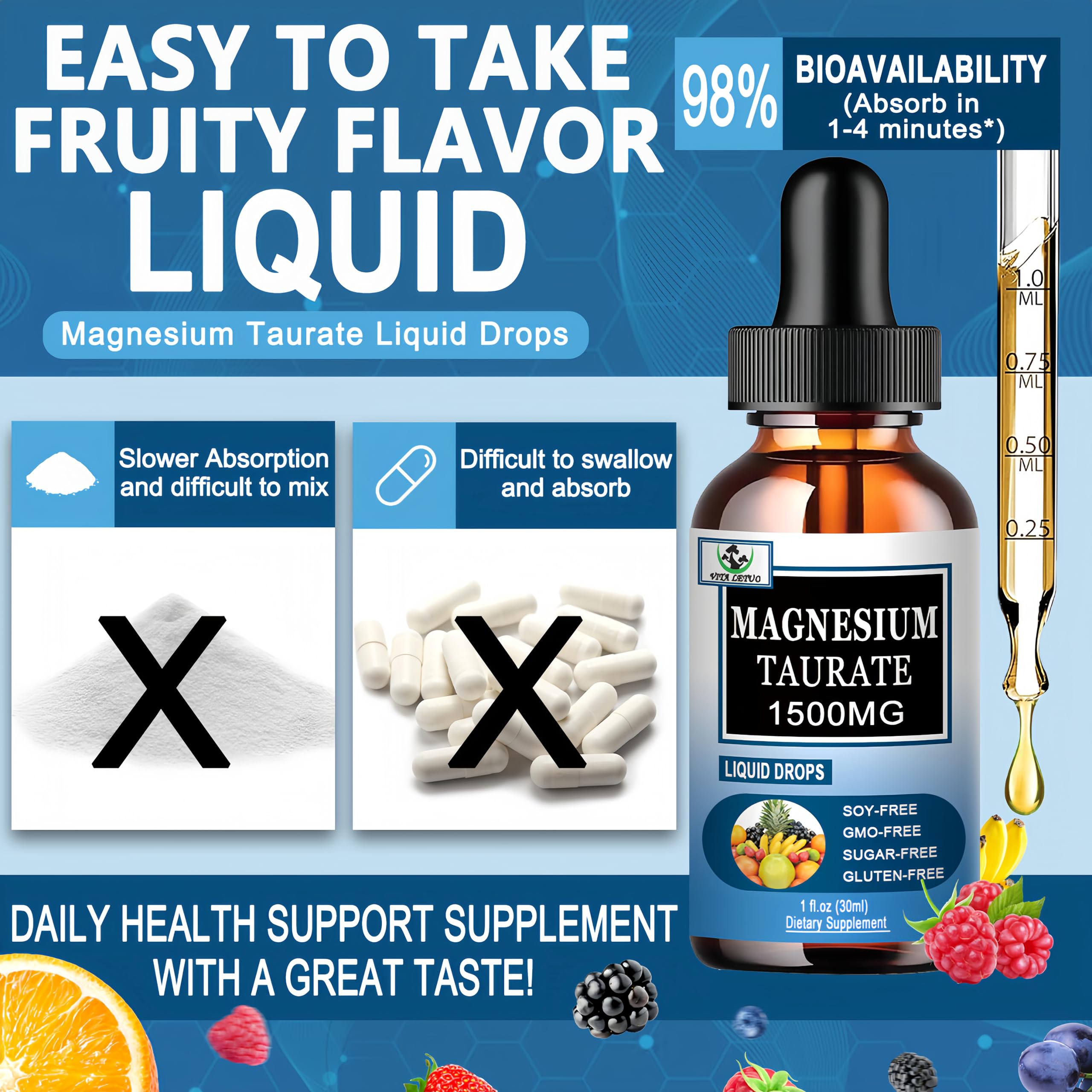 Magnesium Taurate Liquid Drops, High Absorption Magnesium Taurate 1500mg for Cardiovascular Health, Muscle, Joint, and Heart Health*, Liquid Magnesium Supplement for Adults Women & Men, 30 Servings — Amazon image 5