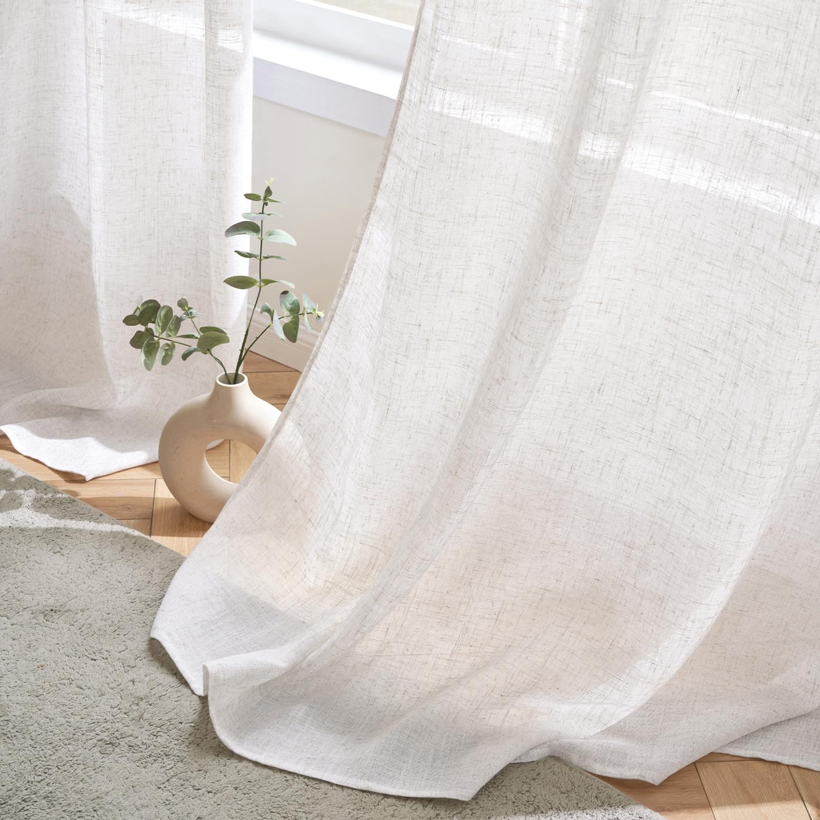 Cortinas Blancas Dormitorio Cortinas De Lino Translúcido Woaboy - 2 Piezas  140x245 Cm, Ojales, Blanco, Para Salón O Dormitorio Cortinas 2 Piezas  140x245cm, image size:1600x1600