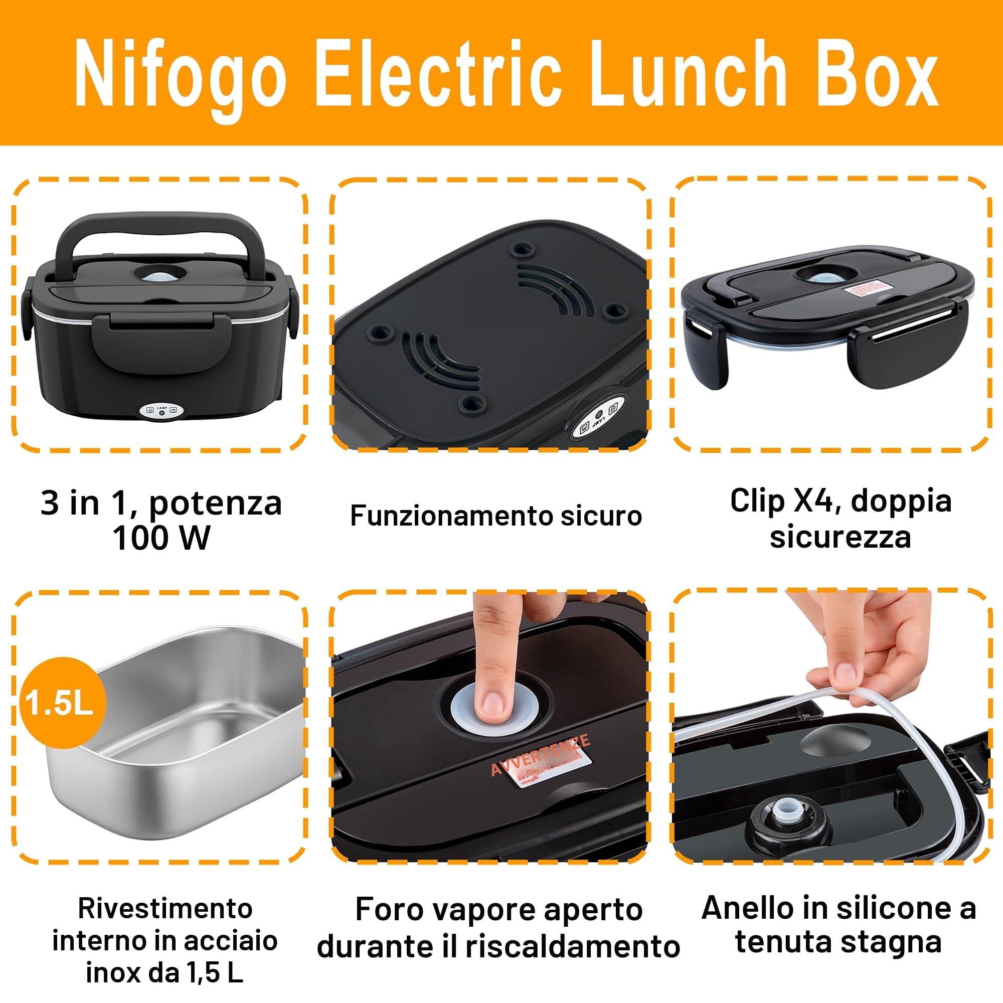 Nifogo Scaldavivande Elettrico 100W Lunch Box Elettrica 3 in 1 Contenitore Portavivande 1,5L l'ufficio, casa, Auto, Camion 12V 24V e 230V con Grigio Borsa isolante e Set di Posate(Nero)