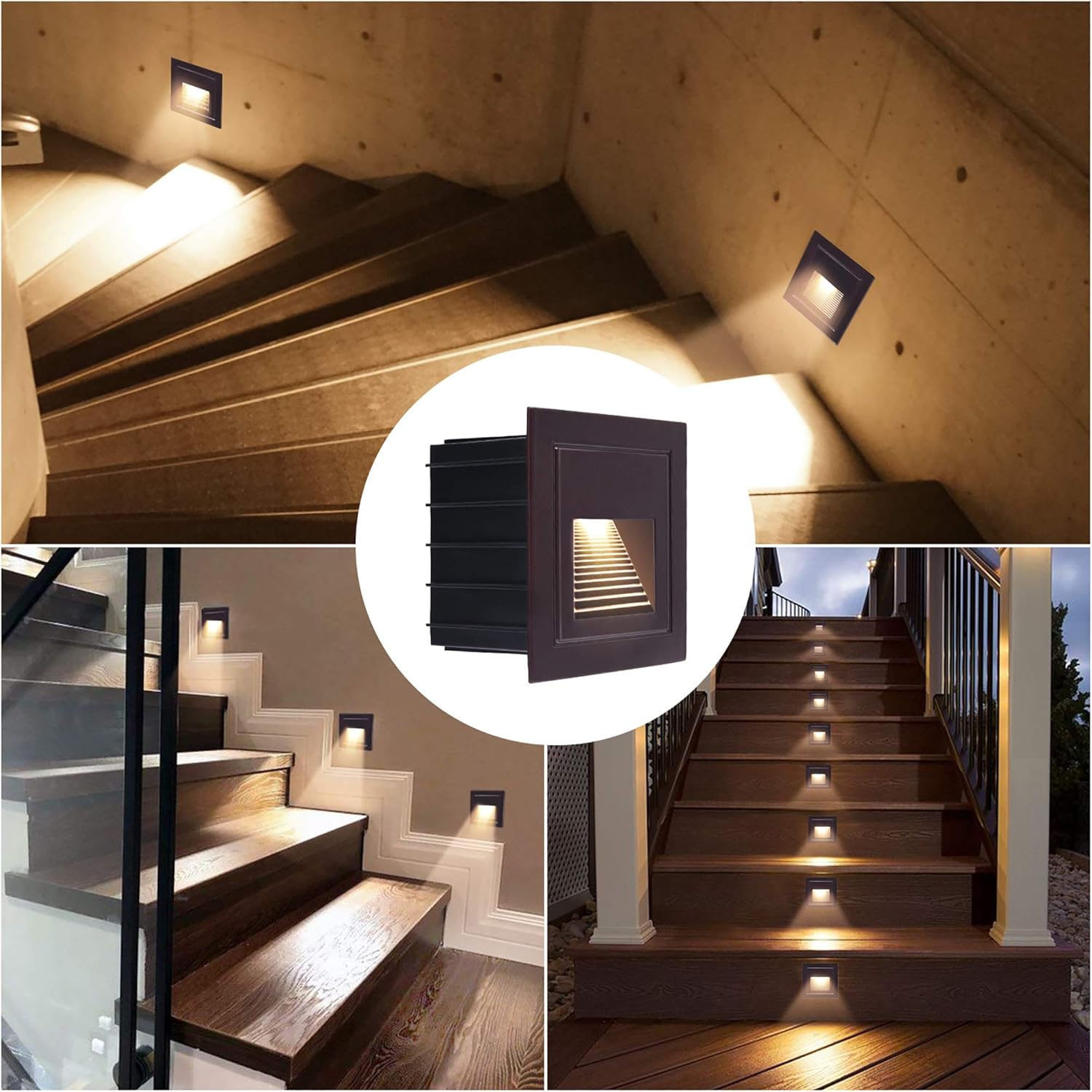 Lowest Price SUPERDANNY 120V LED Step Light with Junction Box, Indoor/ Outdoor IP65 Waterproof 3000K Warm White 3W Stair Light Fixture, Wall Mount Square Staircase Lamps for Pathway Driveway Yard Lawn, 4 Pack