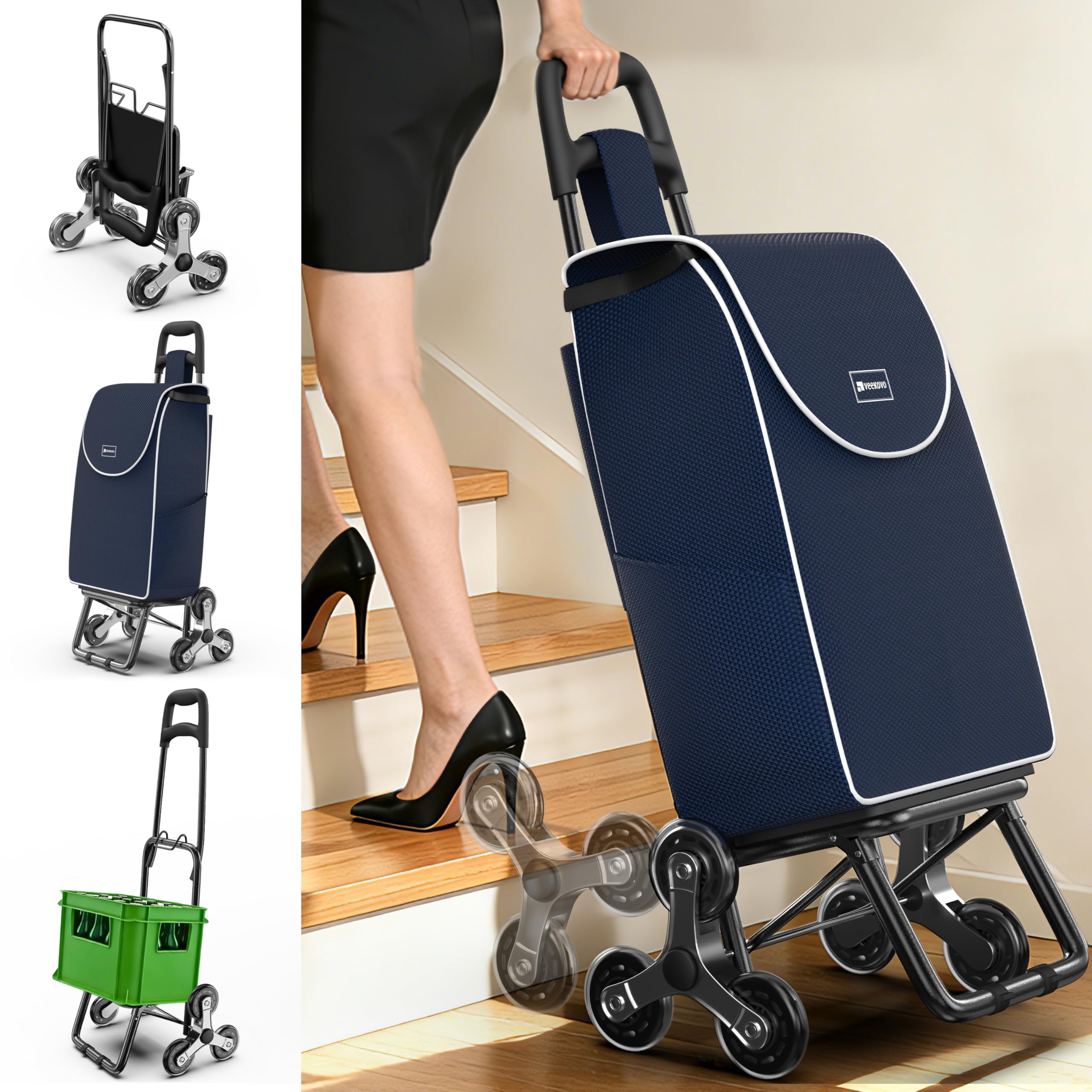 Carrito de Compras para comestibles,Carrito de comestibles Plegable Ligero con Capacidad de 56L,con 6 Ruedas para Subir Escaleras,Bolsa Oxford Desmontable (Azul, 2 Pieza)