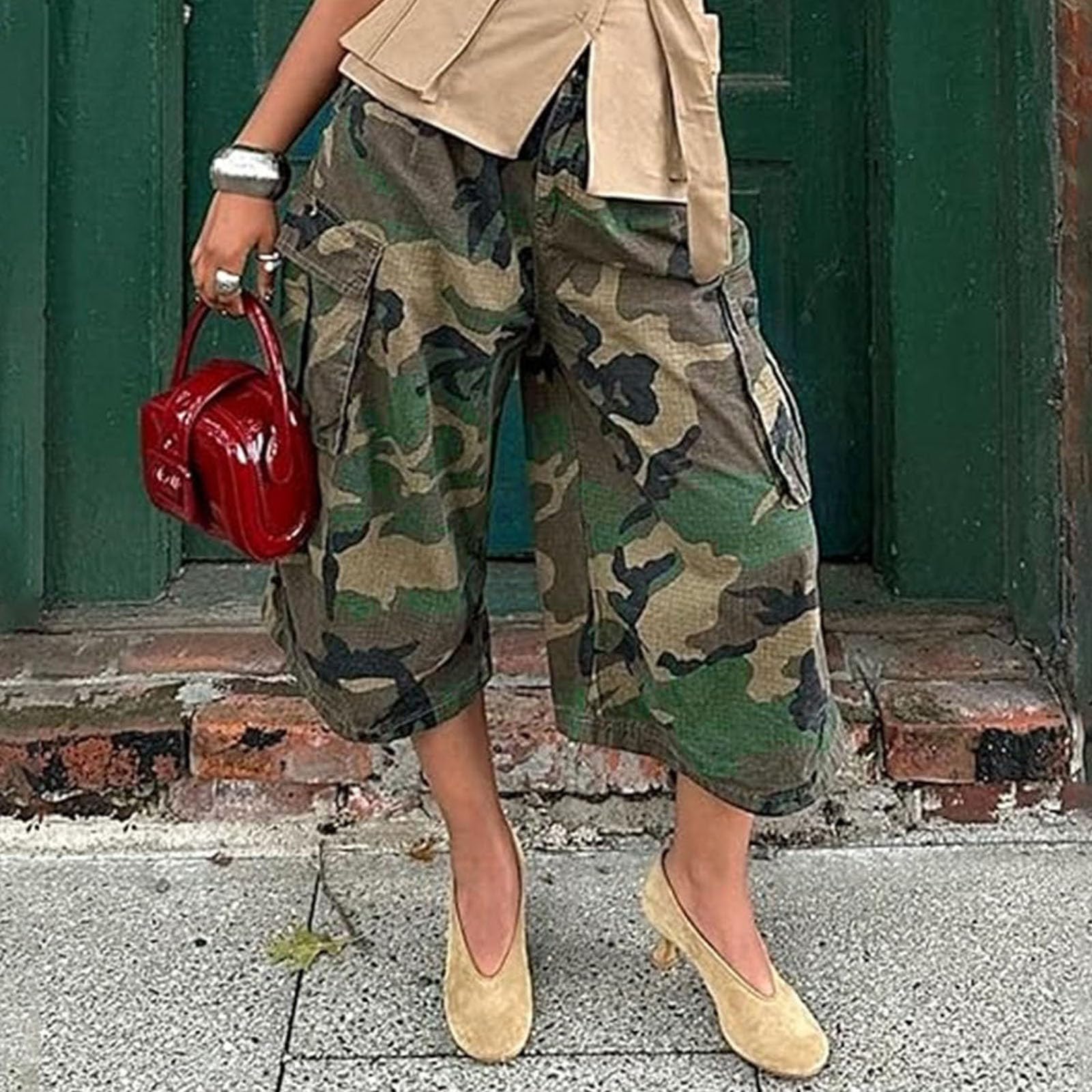 Pantalones Cargo Mujer CamuflajePantalón Ancho Cintura Alta con Múltiples BolsillosEstilo Urbano Streetwear Holgado para Moda Callejera,Viaje y Ocio