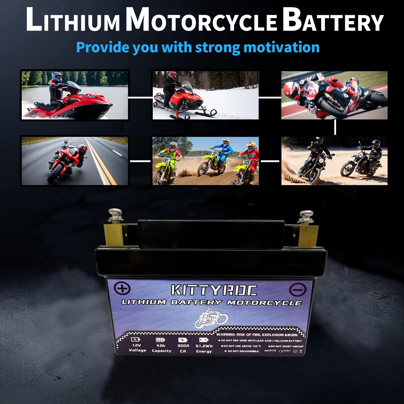 12V 4Ah 300A Batterie de moto au lithium,batterie de démarrage du moteur LiFePO4 avec BMS,batterie de remplacement pour VTT,UTV,tondeuse à gazon, jet ski, motoneige, 4WD,scooter et générateur