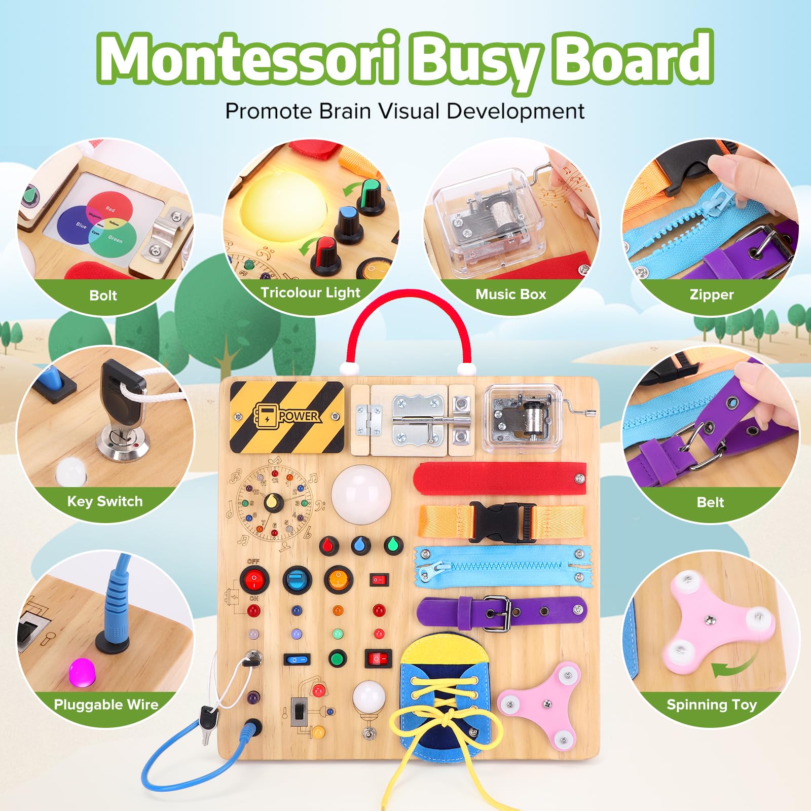 Hoarosall 23 in 1 Busy Board Montessori Toys from 1 year Activity Board Wooden Toy With 15 Switches, 26 LED Lights - Image 2