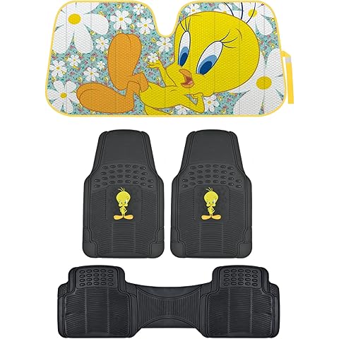 BDK Warner Bros Looney Tunes Tweety Bird Car Accessories - Accordion Folding Windshield Sun Shade UV Block Double Bubble 58x27 in - Protects from Sun - Heavy Duty Rubber Floor Mats 3PC Front & Rear