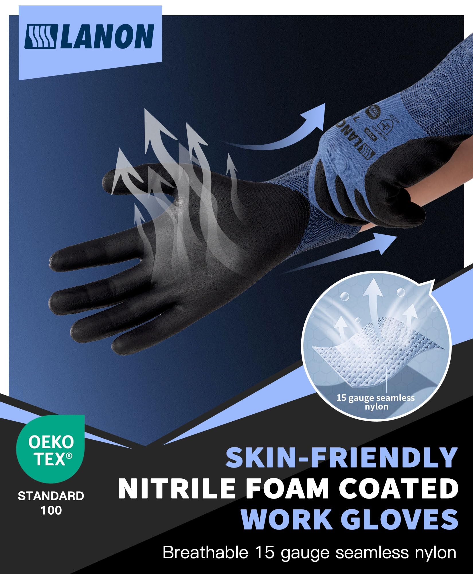 LANON 3 works Nitrile Coated Safety Work Gloves, Mechanic Working Gloves for Men Women Breathable, Skin Friendly, Anti-Slip Grip, S/7 - Image 3