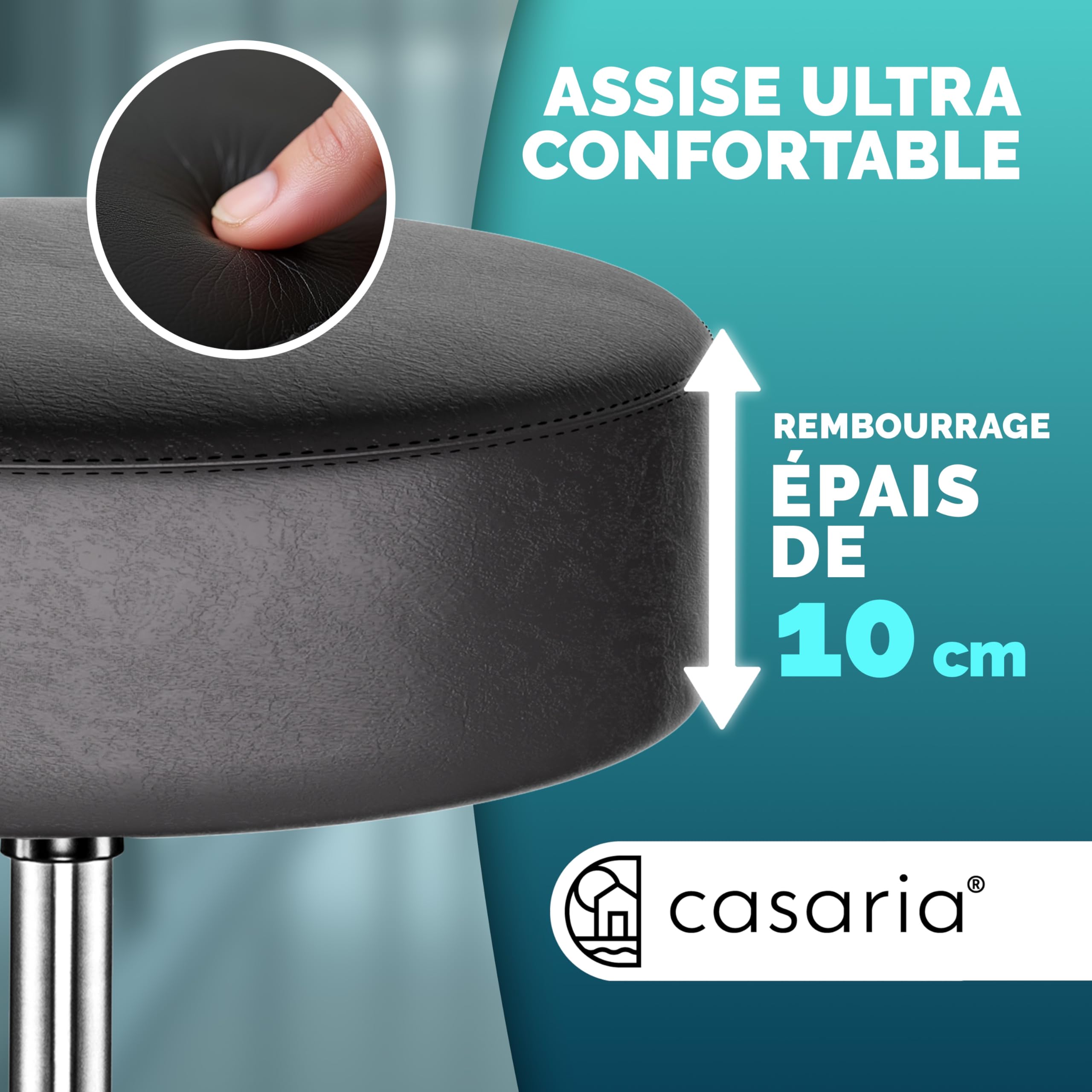 Casaria® Tabouret de Bureau Noir pivotant 360° Hauteur réglable 46-60 cm avec roulettes siège Rembourrage 10 cm
