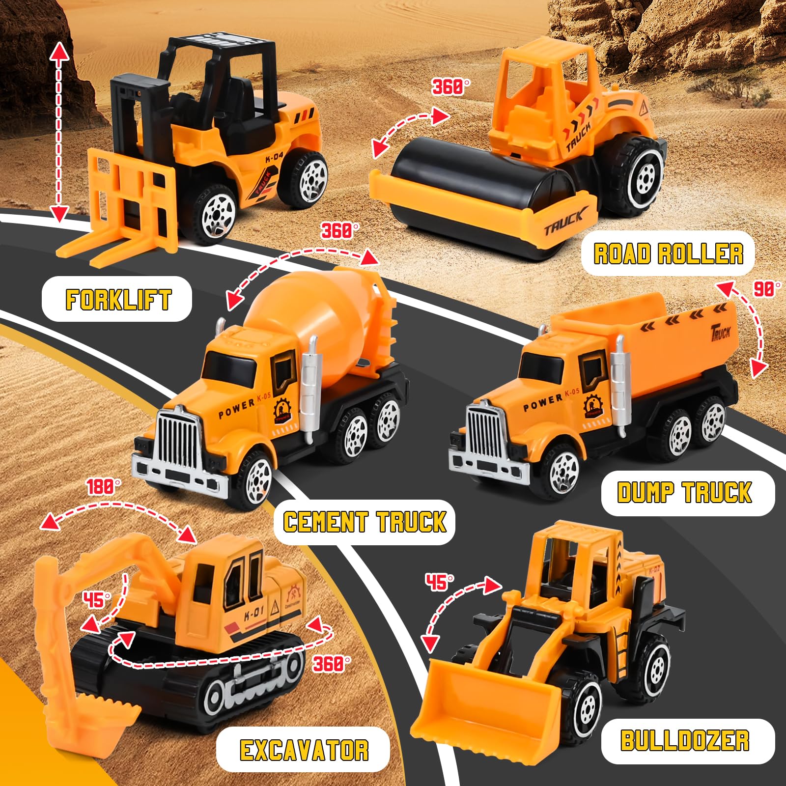 Joellfuner Vehículos de Construcción para Niños, Construcción Camión Vehículos de Juguete para Niños con Efectos de Música y Luces, Excavadora de Juguete Transformable Regalo para 4 5 6 7 8 9 + Años