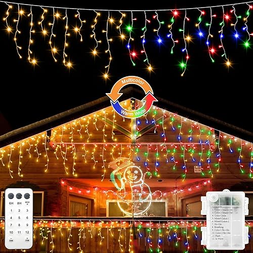 echosari Luces de carámbano de Navidad que funcionan con pilas, 102 luces LED para exteriores que cambian de color con control remoto para patio,