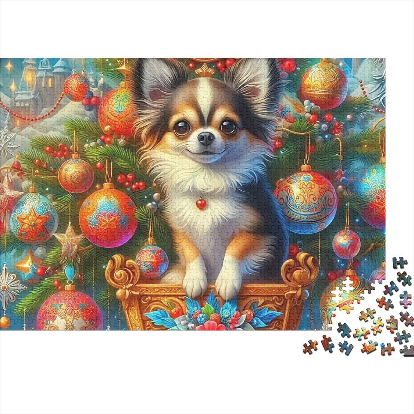 Small Dog in Christmas Tree Scene 1000 Piece Jigsaw Puzzle Paper Adults Puzzle Game Festive Decoration Stress Relief Gift 38x26cm/1000pcs — image 1