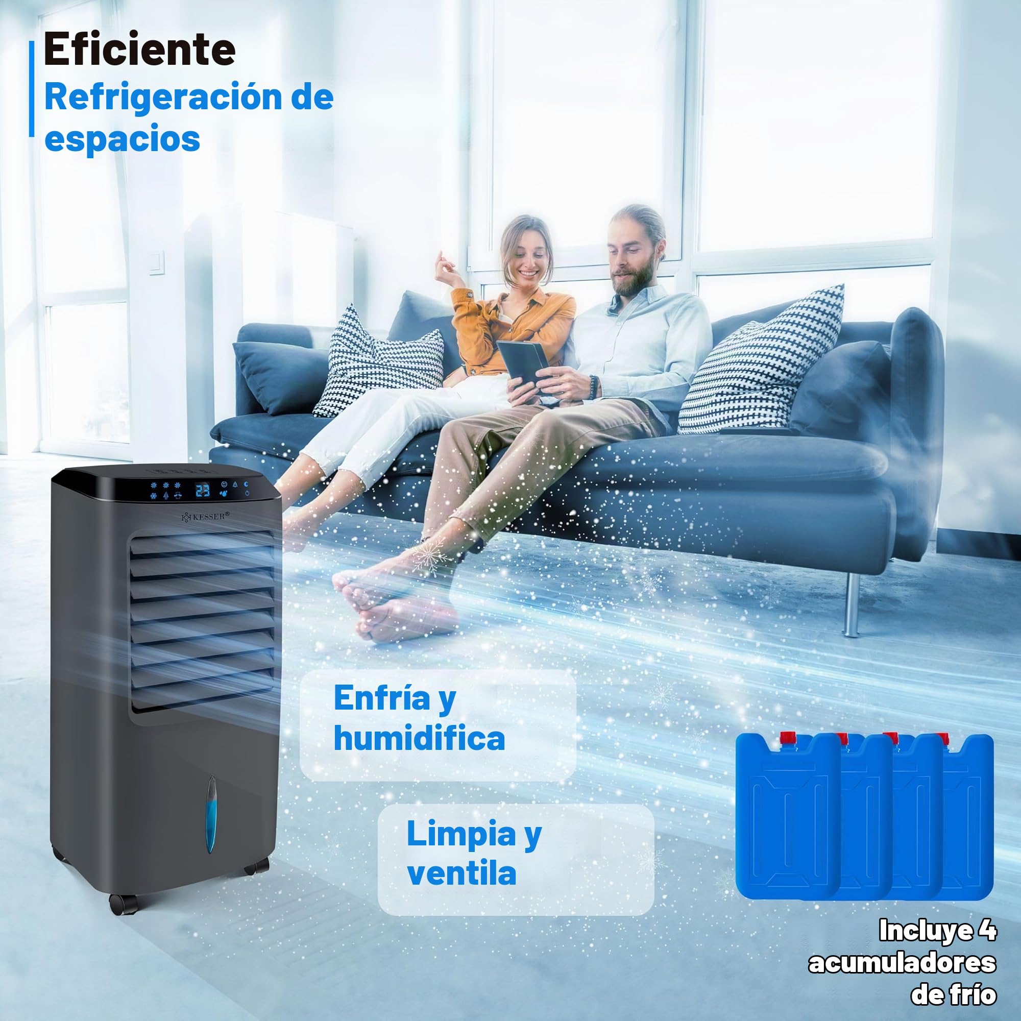 KESSER® Aire acondicionado portátil 4 en 1 – Air Cooler con mando a distancia y temporizador, depósito de agua de 10 litros, ionizador y humidificador, ventilador de aire acondicionado sin manguera de