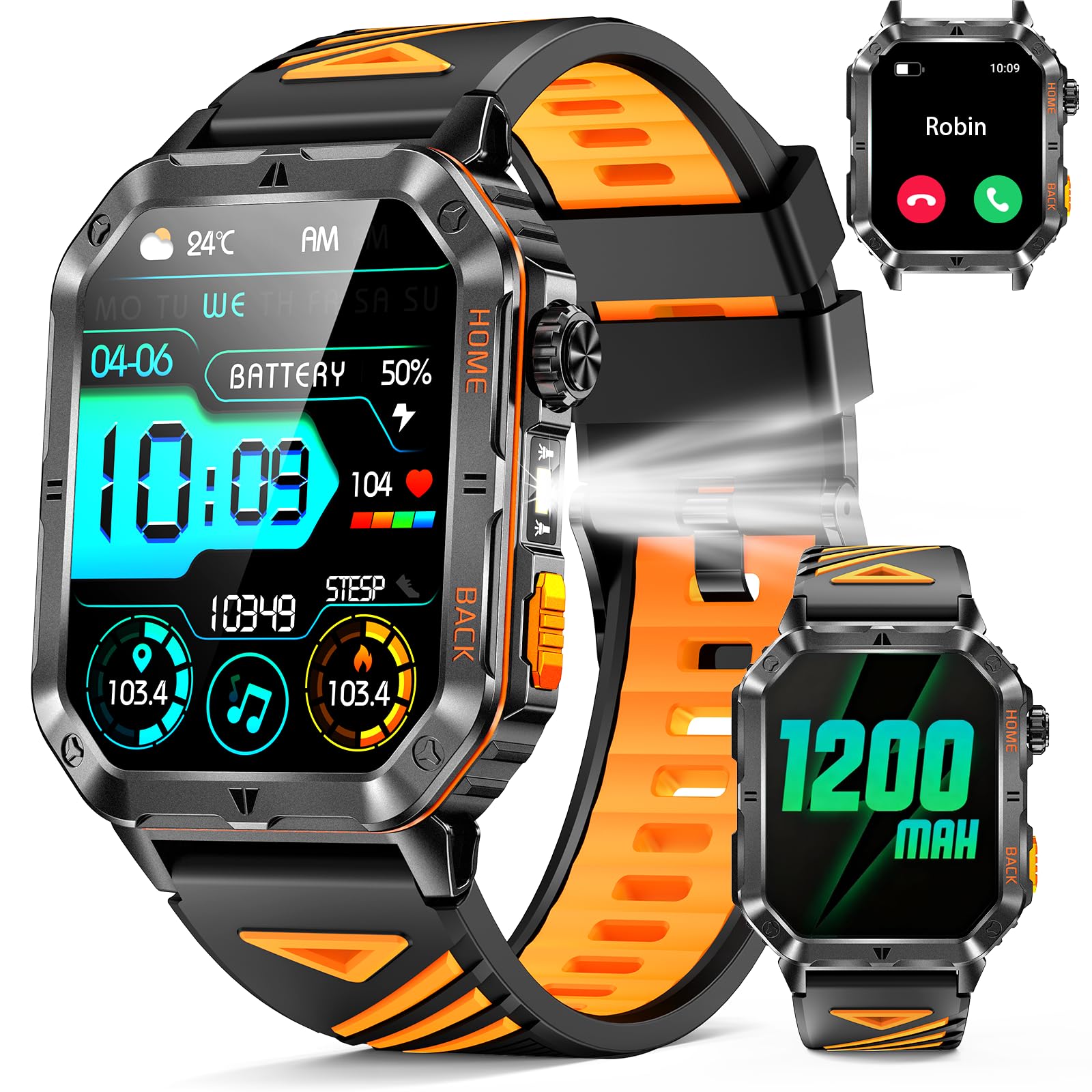 Military Smarty Watch for Men, 2.01" Smartwatch with 1200mAh Battery, Flashlight, Answer/Make Calls, Heart Rate/Sleep Monitor 100+ Sport Modes Fitness Tracker for Android/iPhone