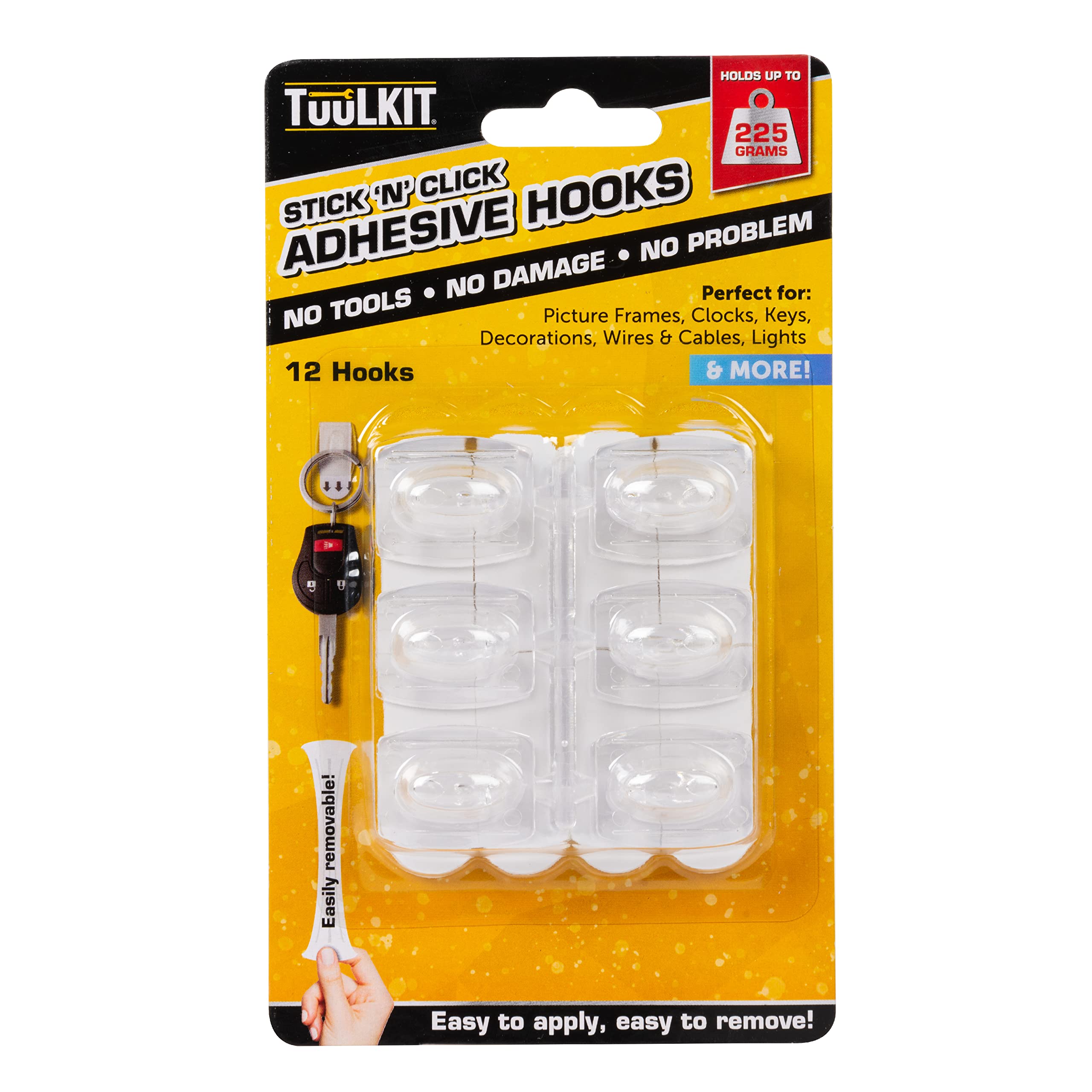 TUULKITStick 'N' Click Adhesive Hooks - 12 Super Strong Hook And Loop Strips Perfect For Frames, Clocks, Keys, Decorations & Lights