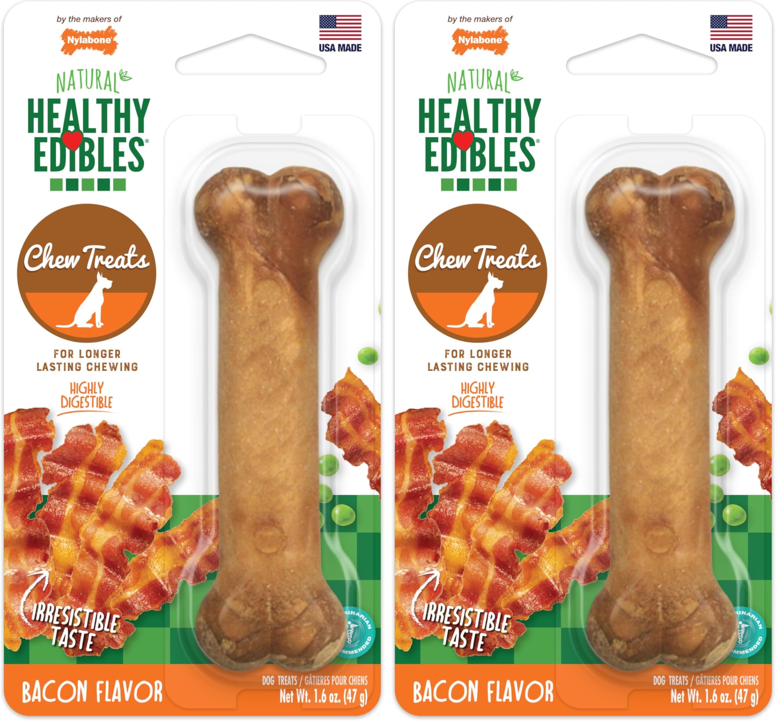Nylabone Healthy Edibles Natural Dog Chews Long Lasting Bacon Flavor Treats for Dogs, Small/Regular (1 Count) (Pack of 2)