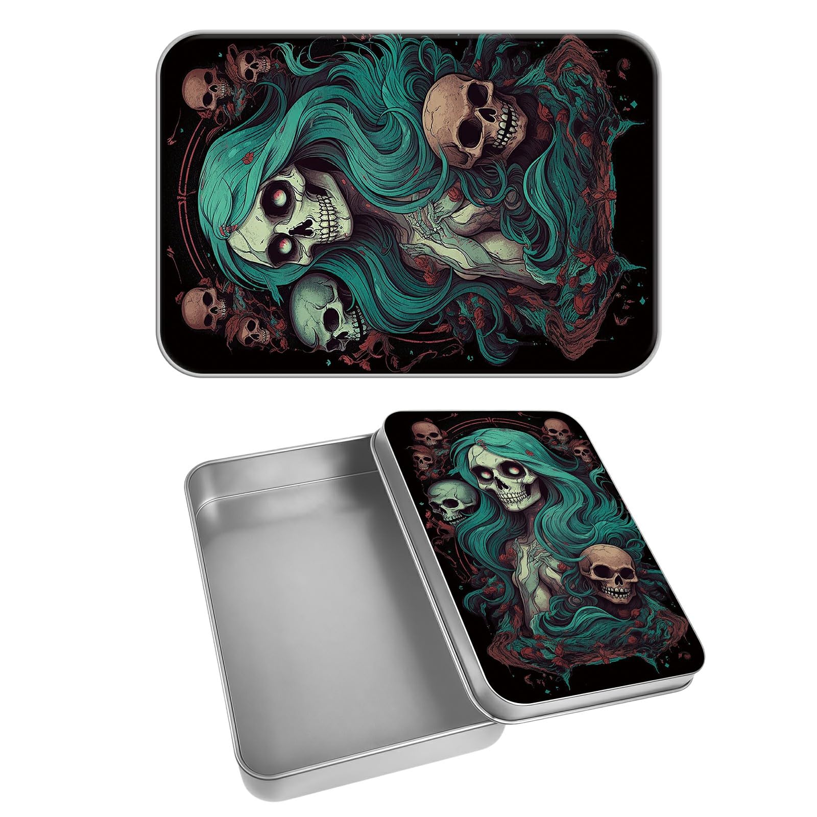 Rectangular Metal Tin Box with Removable Lid, Sugar Skull Dead Girl Decorative Printed Metal Storage Container for Cards, Diaries, Home Organization 4.53 x 3.35 x 0.86 inch– Single Pack
