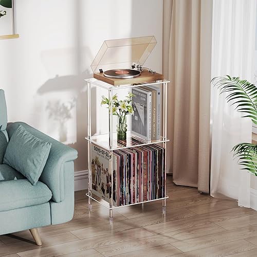 Miniatura 8 de Bkemiy Juego de 2 soportes acrílicos para tocadiscos, mesa giratoria transparente de 3 niveles con almacenamiento de discos de vinilo, 15.75