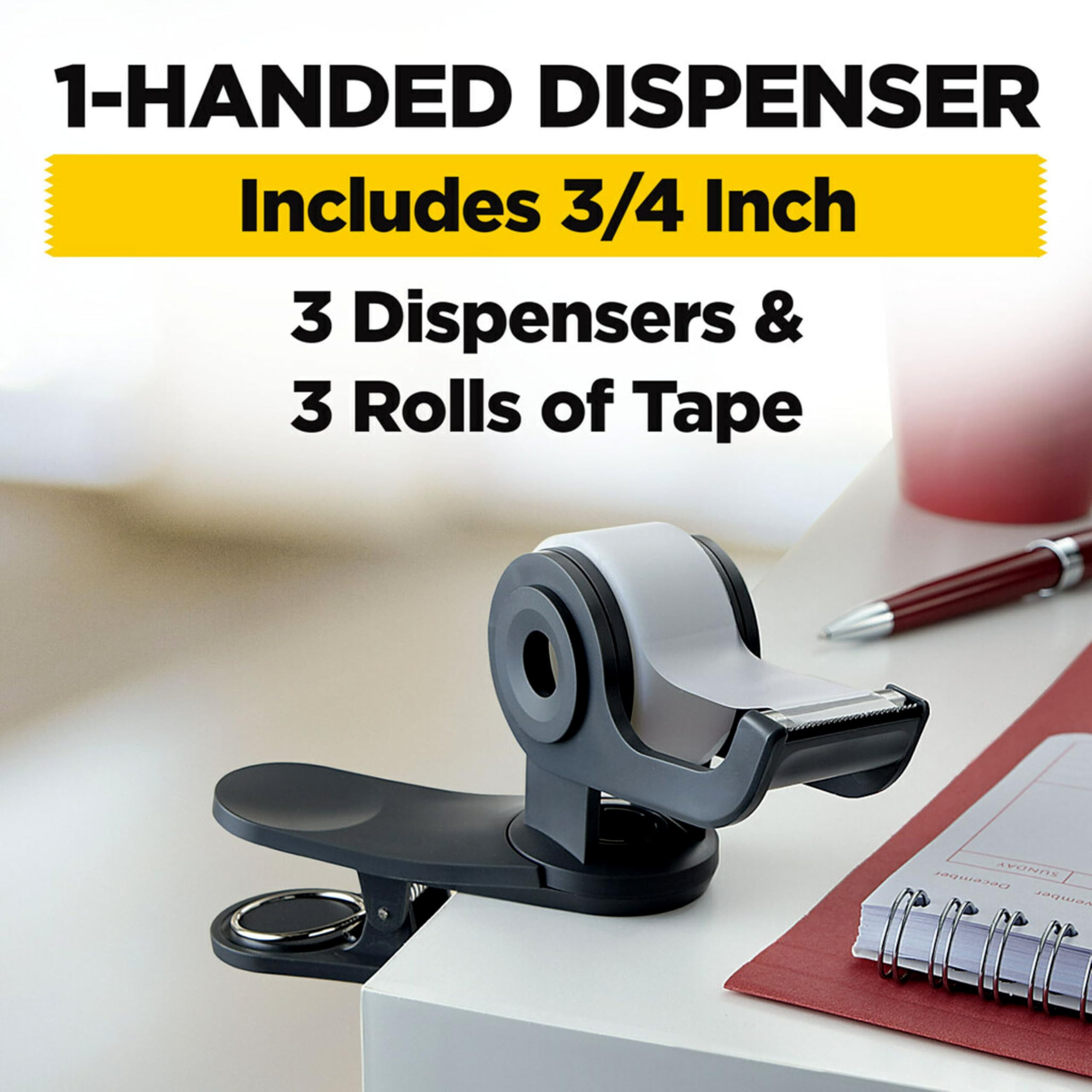 Scotch Dispensador de cinta Clip & Twist, clips a escritorios, mesas, gris carbón fácil, paquete de 3