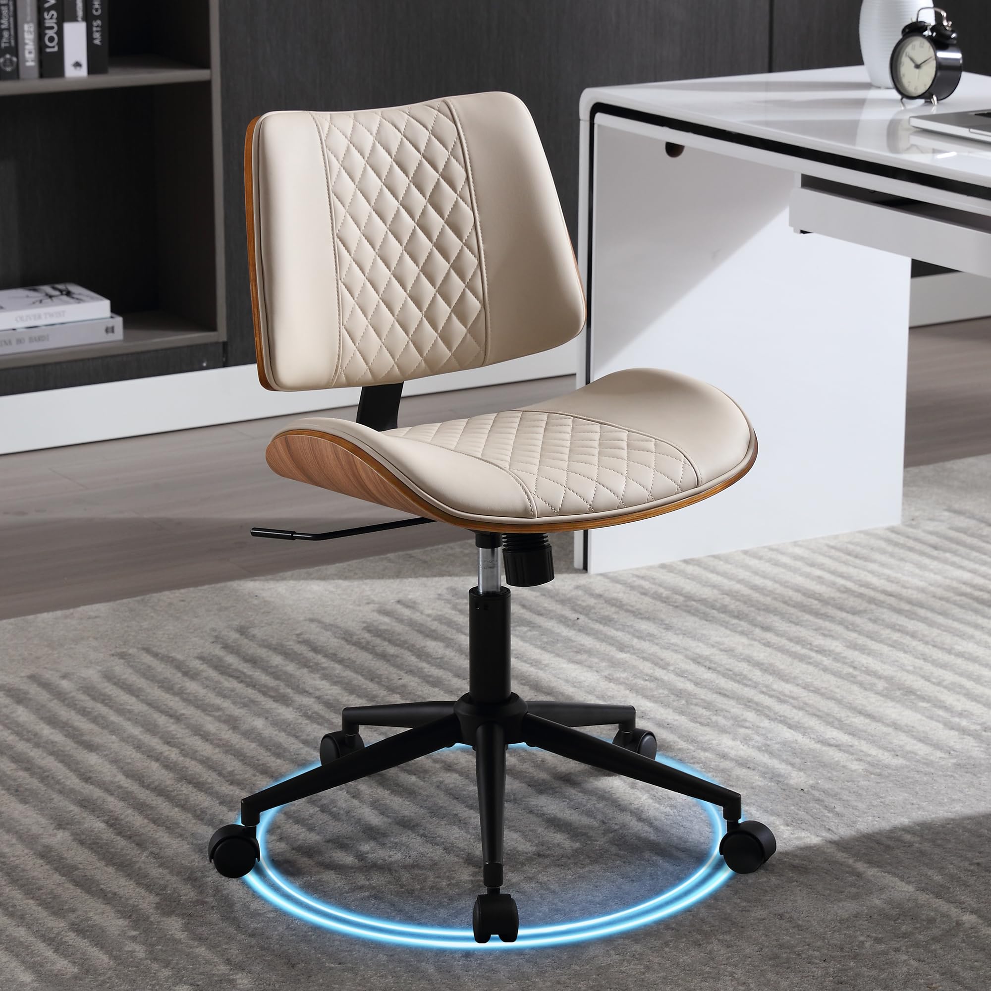 Silla de oficina de piel sintética con ruedas, silla de escritorio, silla moderna de oficina en casa, silla de tocador, hasta 136 kg, altura ajustable, silla giratoria de 360°, para estudio