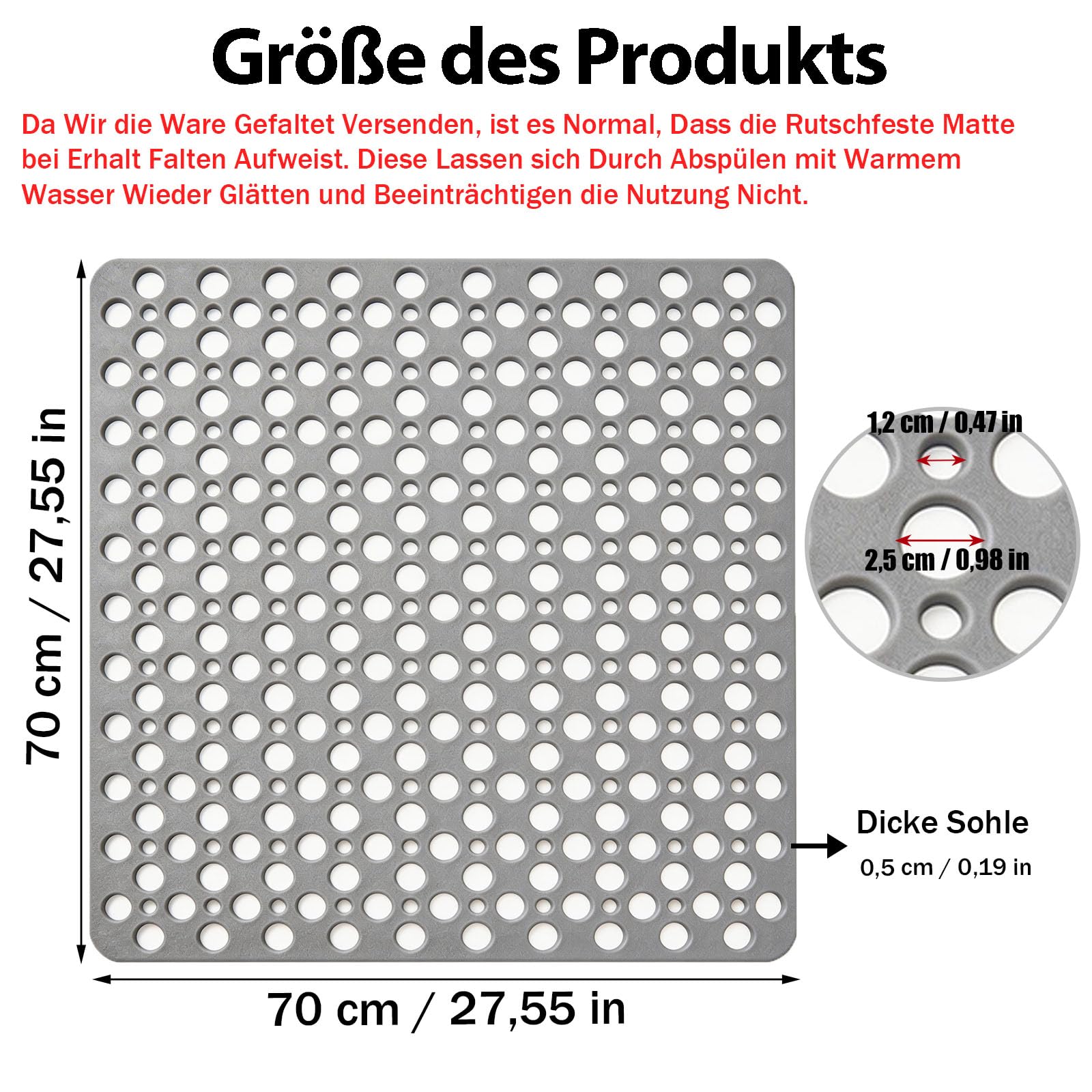 70 x 70 cm, szara, antypoślizgowa, z termoplastycznego elastomeru poliestrowego, mata antypoślizgowa pod prysznic z przyssawkami, mata łazienkowa z otworami odpływowymi, kwadratowa mata do wanny