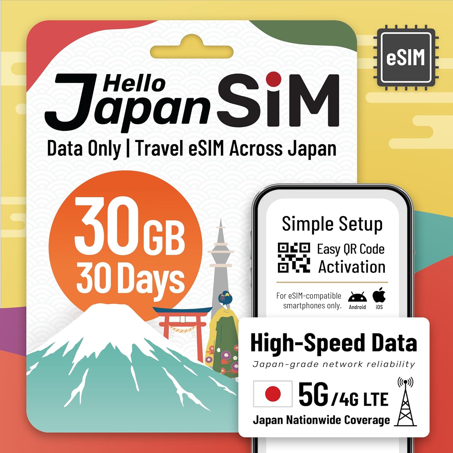 Japan eSIM for Travel – 30GB / 30 Days | SoftBank 5G Network | Prepaid Data Only SIM for Tourists (No Voice/SMS) | Instant QR Code Activation | Supports Hotspot | iPhone & Android (30GB)