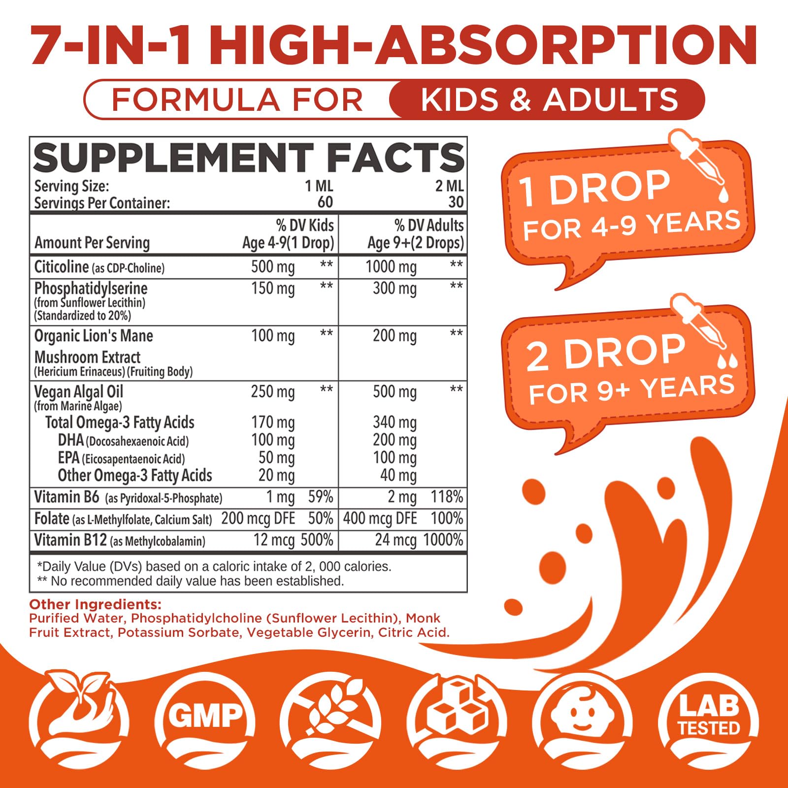 Citicoline 1000mg + Phosphatidylserine 300mg Supplements, CDP Choline for Kids & Adults, Citicoline Liquid Drops for Brain, Memory & Focus Support, Lion's Mane Mushroom, Omega-3, Methylfolate, 2 FL OZ — Amazon image 2