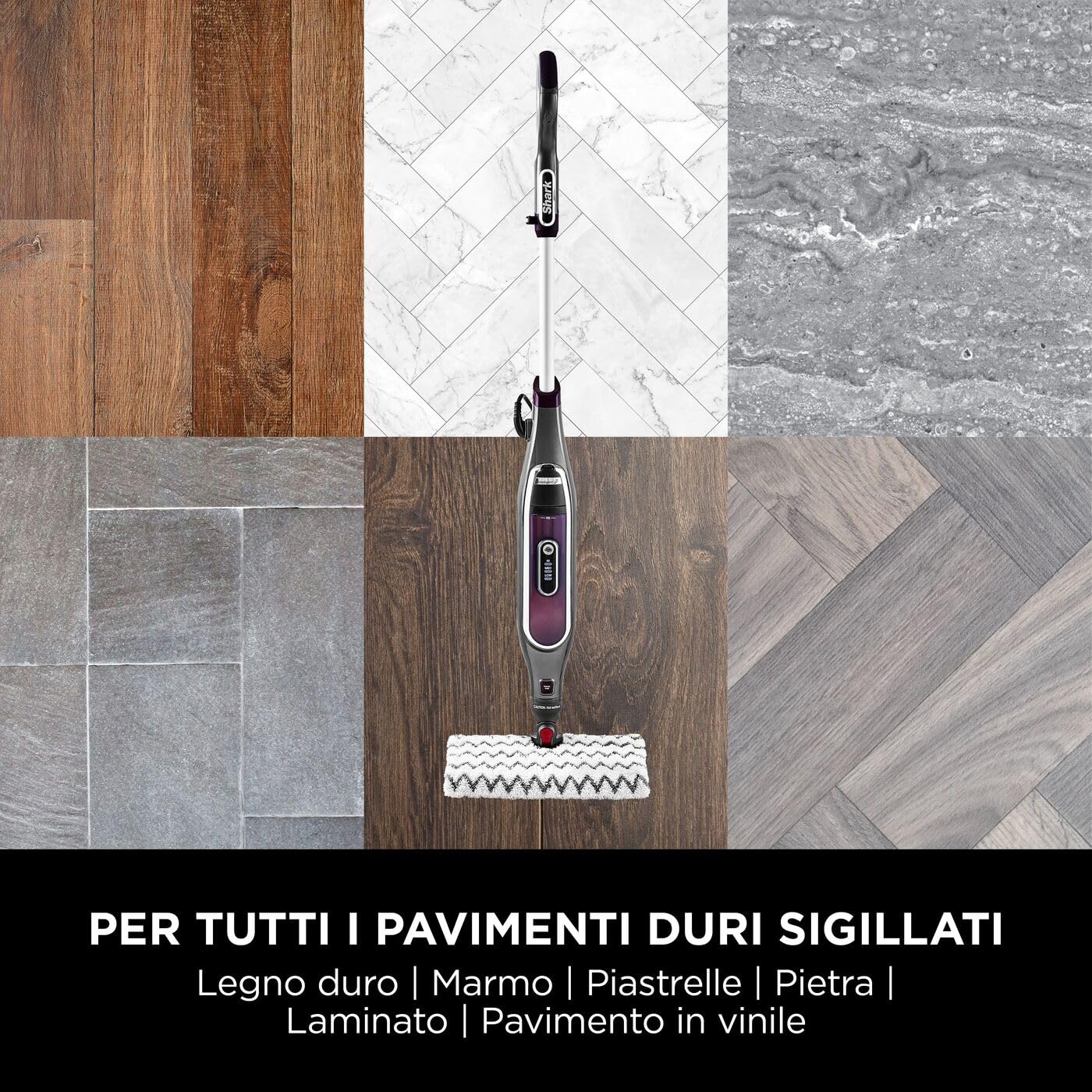 Shark Automatic Klik n' Flip Steam Mop, Scopa a Vapore Intelligente, Cavo 6 m, 2 Panni Lavabili, Serbatoio Capacità di 375 ml, Riscaldamento in 30 Secondi, Bordeaux/Grigio, S6003EU