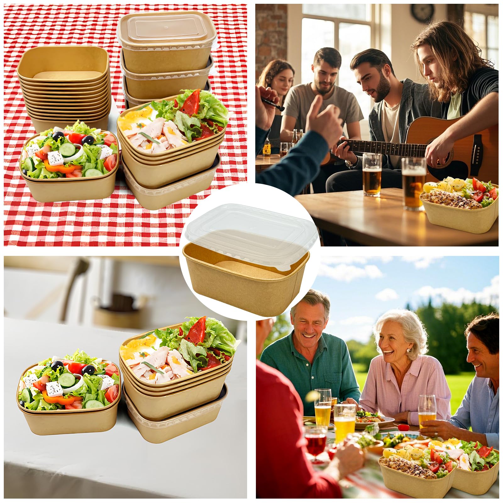Paquete de 50 recipientes de papel para preparación de comidas con tapas, desechables y compostables de 20 onzas, recipientes rectangulares para llevar, cuencos de papel kraft para sobras