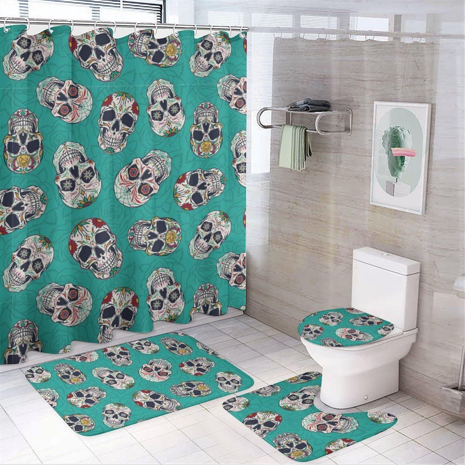 CGSBNGHA Vintage Mexican Sugar Skulls Shower Curtain Set 4 Piece Bathroom Sets with Rugs Toilet Lid Cover And U-Shaped Floor Mat