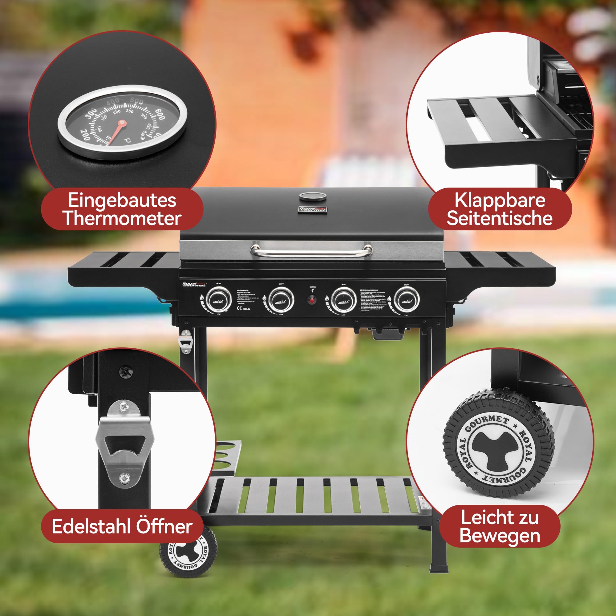 Royal Gourmet 4 Brenner Gas Grillwagen, 12 kW BBQ-Gasgrill mit Seitenablagen und Flascheregal, Campinggrill für Outdoor Garten Party Schwarz