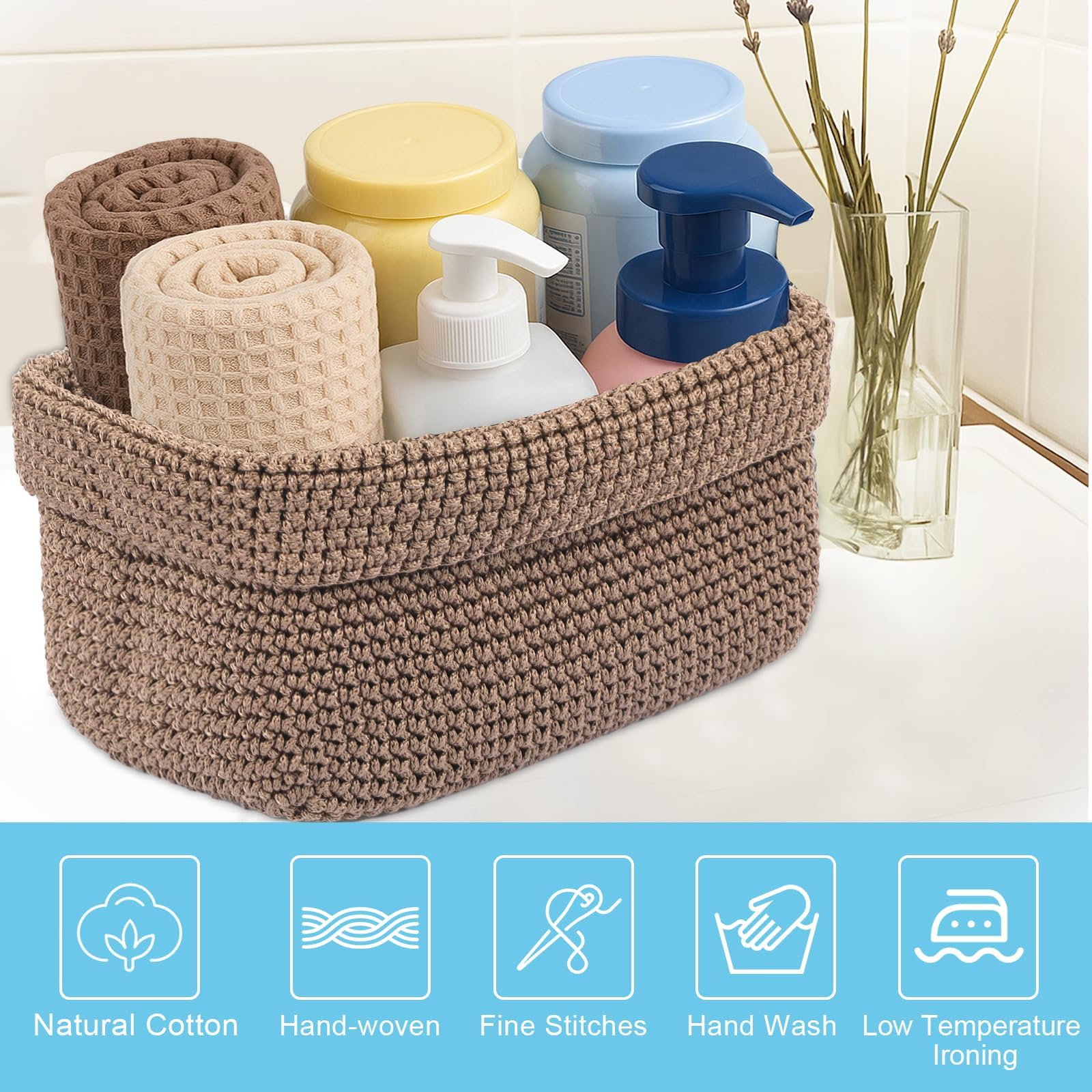 Aufbewahrungskorb Braun, Handgewebter Häkelkorb aus Baumwollseil, Stylischer Strickkorb für Deko, Bad Körbchen, Handtuchkorb für Handtücher, Kosmetik, Spielzeug und Bücher (21 × 13 × 15,5 cm)