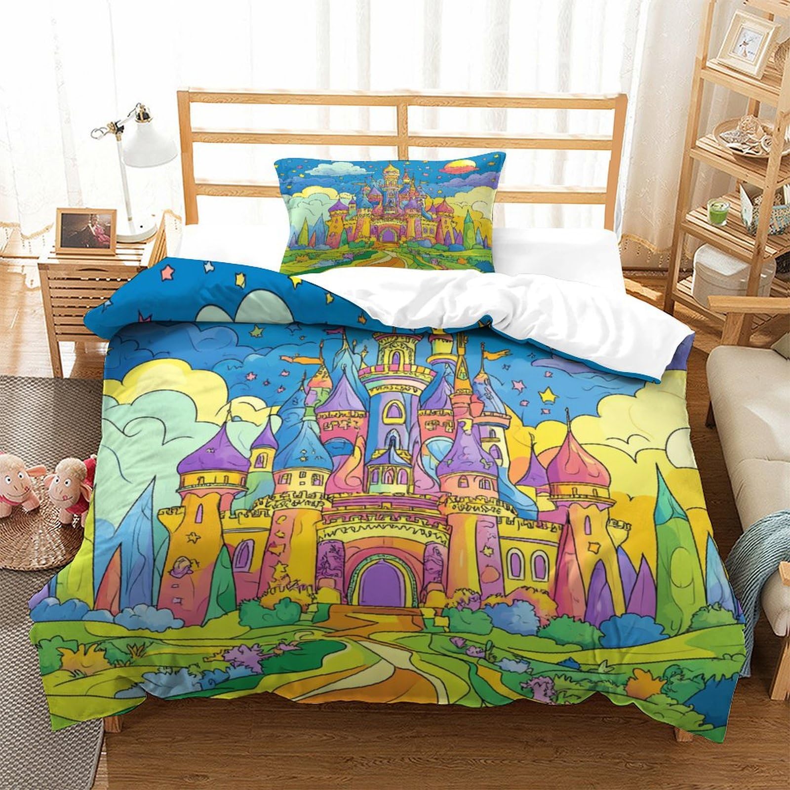 P1s9u7w5y Castle-1 Magical 3D Printed Castle Duvet Cover Set 3Pcs Microfiber Colourful Castle Bedding Set Single（135X200cm）