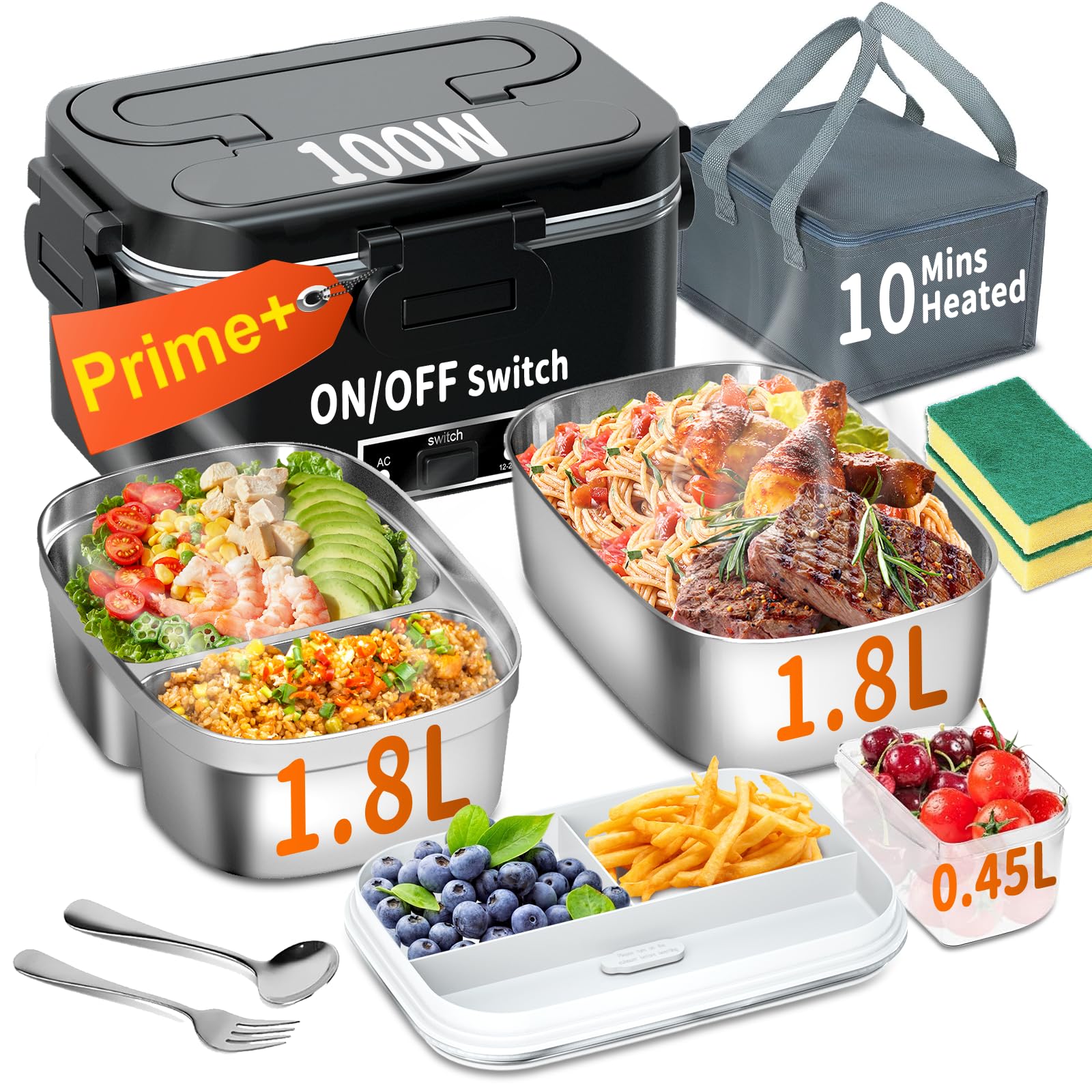 IFENROL Electric Heated Lunch Box for Adults, 100W 3-IN-1 2 Pack 1.8L Containers Heating Lunch Box for Men Portable Double Layer, Fast Heated Food