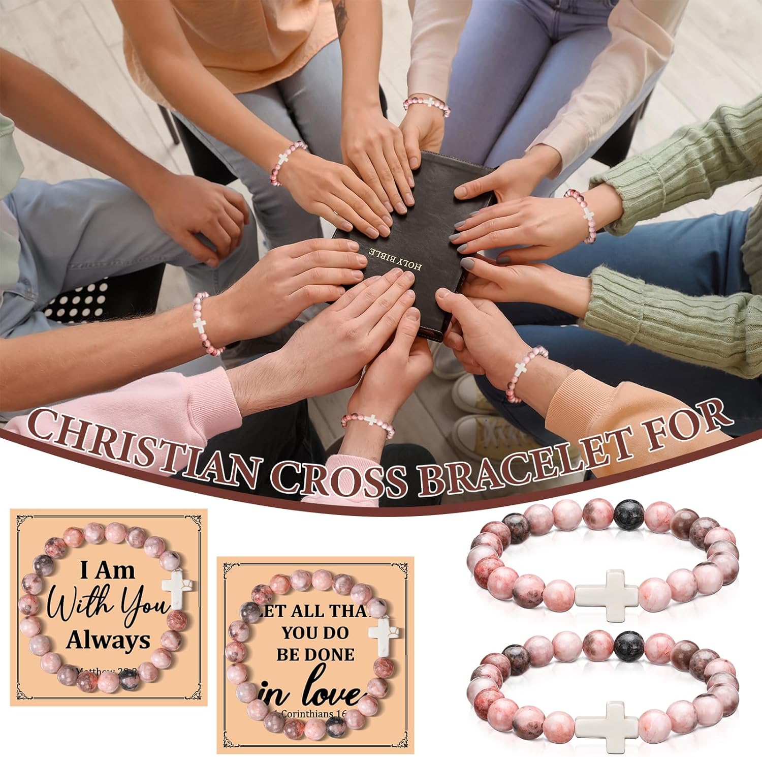 Cunno 12 Set Christian Cross Bracelets Bulk Religious Cross Beaded Bracelet for Women Men 12 Natural Beaded Stuffs Inspirational Cards Envelope Christian Jewelry Faith Gift(Classic Style,Pink) - Image 6
