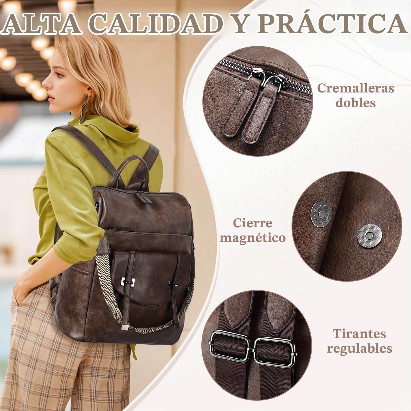 Mochila Viaje Mujer, Bolso Mochila de Cuero PU Mochila Antirrobo de Moda Bolso Convertible Impermeable Mochila Universidad Grande con Cartera para Shopper Esculea Trabajo, Café