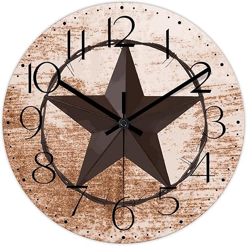 Miniatura 8 de Tollyee Reloj de pared redondo de estilo rústico con estrella del oeste de Texas reloj de madera silencioso sin tictac funciona con pilas con