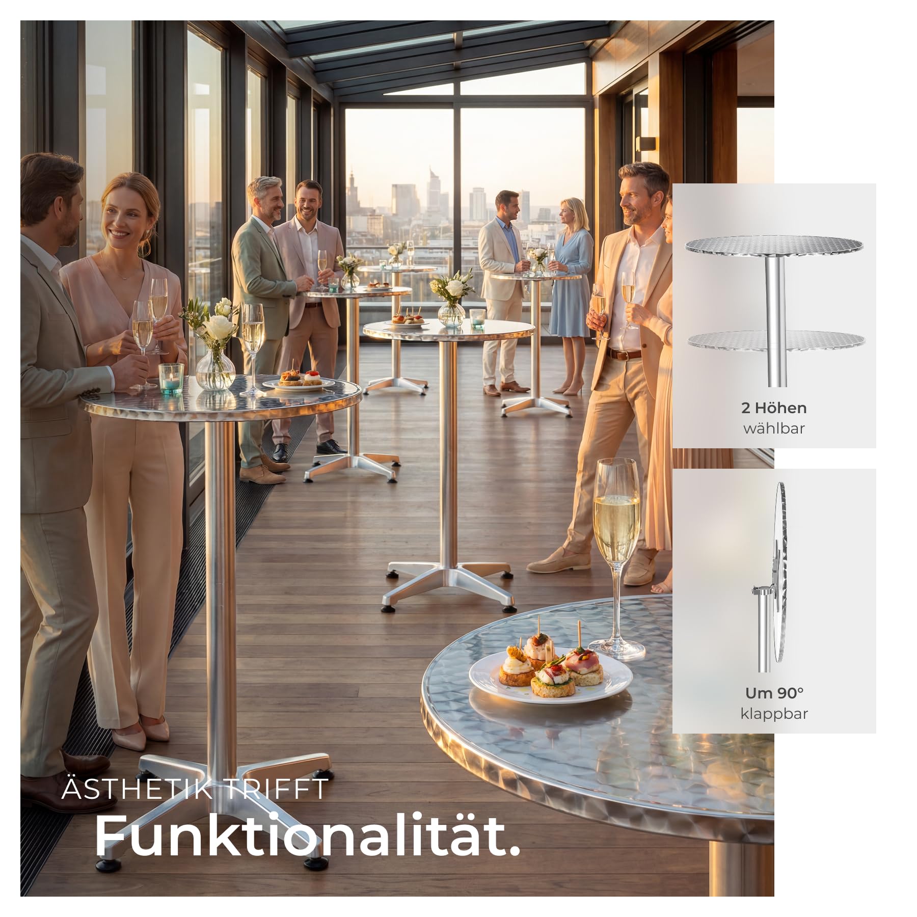 tectake® Aluminium-Bistrotisch klappbar, 2in1, höhenverstellbar, Ø 60