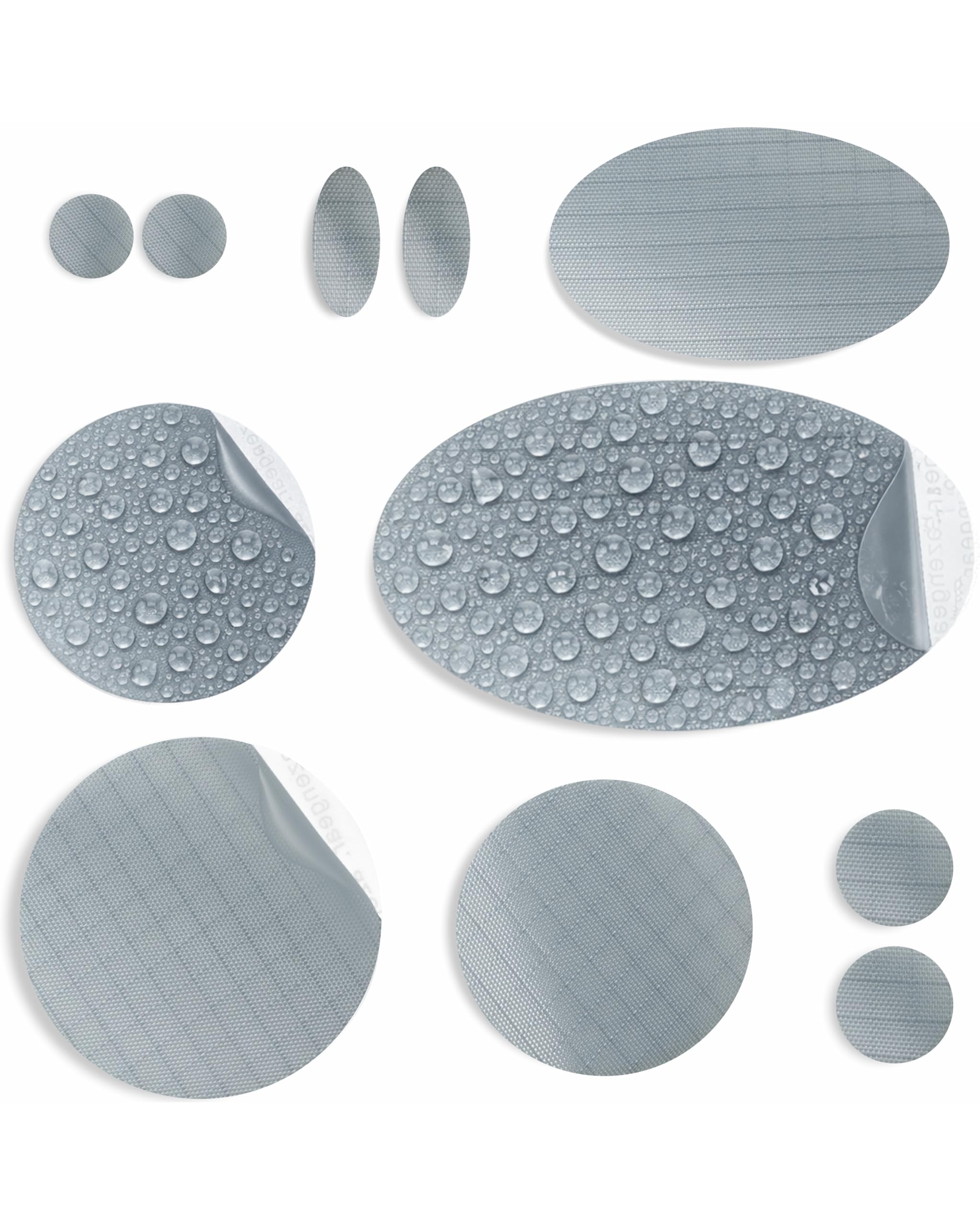 aZengear Self-Adhesive Repair Patches (30+ Colours) for Down Jackets, Puffer Coats, Tents, Upholstery - Waterproof, Tear-Cold-Heat-Resistant Nylon Polyester Fabric (11 Pcs, Silver)