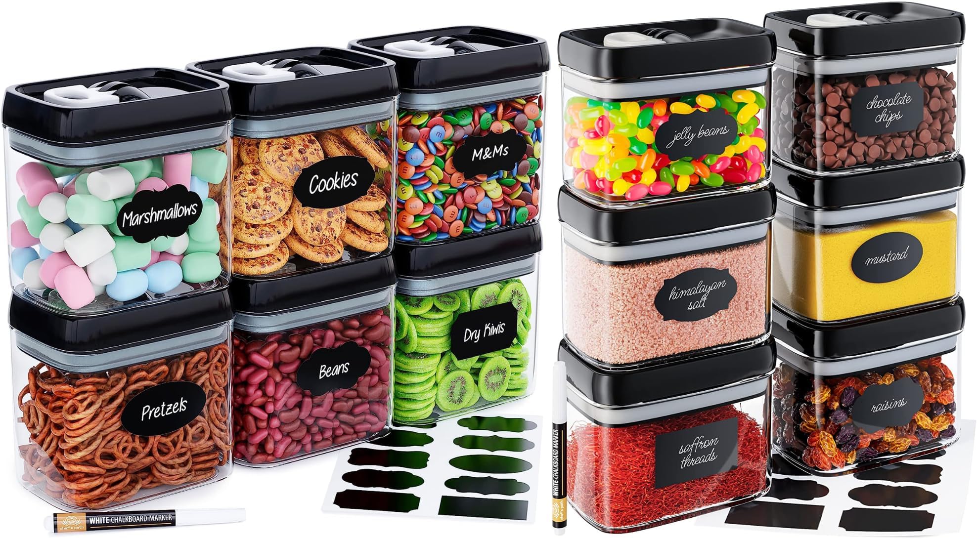 Airtight Food Storage Containers (12 Pack) for Kitchen & Pantry Organization - BPA Free Clear Plastic Containers with Lock Lids for Dry Snacks - Snack Containers with Labels & Marker