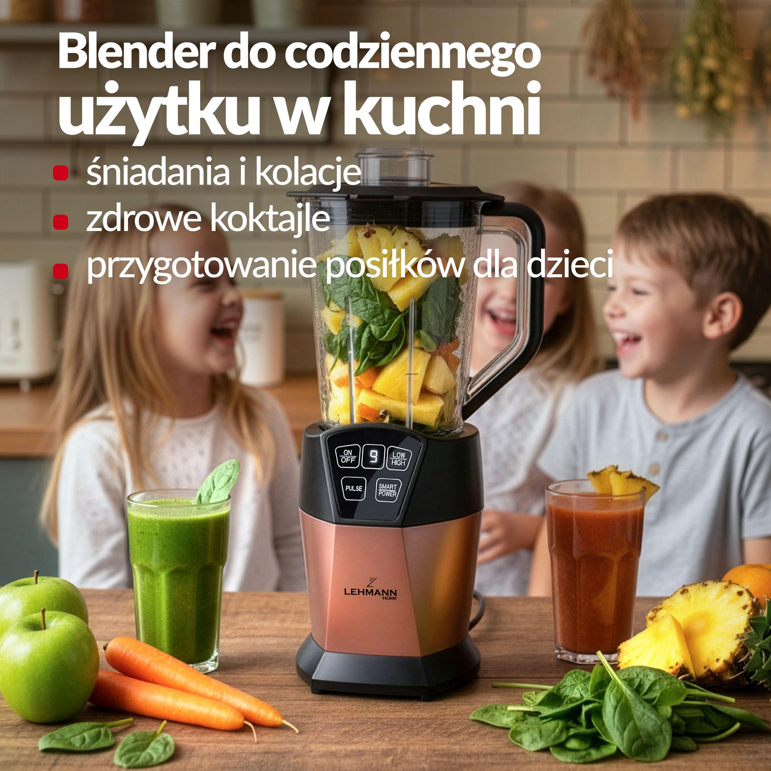 LEHMANN Mikser stojący z pojemnikiem do miksowania 1,5 l z tritanu, 4 programy prędkości, części nadające się do mycia w zmywarce, 6-skrzydłowe ostrza ze stali nierdzewnej, smoothie Maker z kubkiem