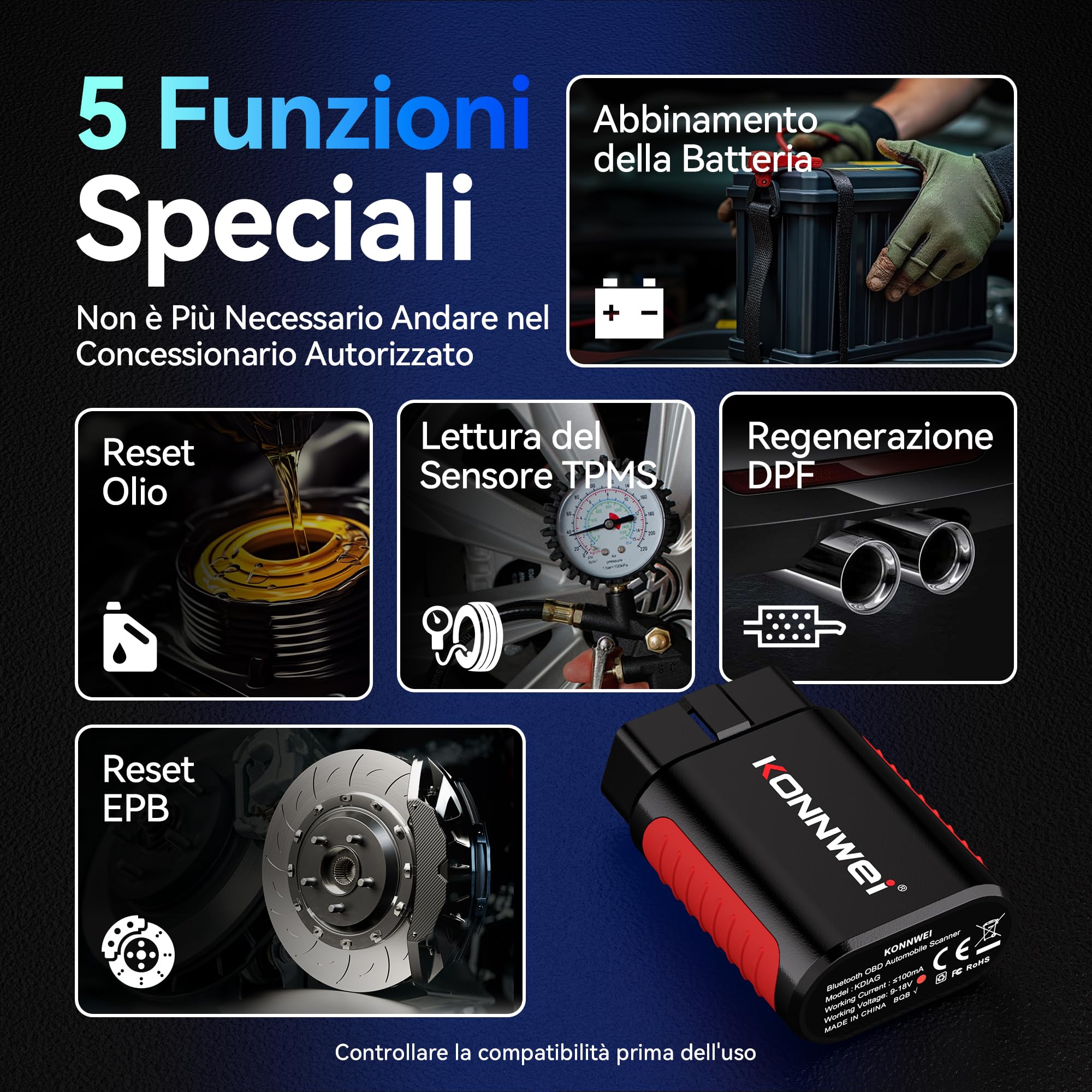 KONNWEI KDIAG OBD2 Scanner Bluetooth, tutti i sistemi diagnostici, 5 reset, lettore di codici auto per controllare il motore, test delle prestazioni del veicolo per iOS e Android, senza abbonamento