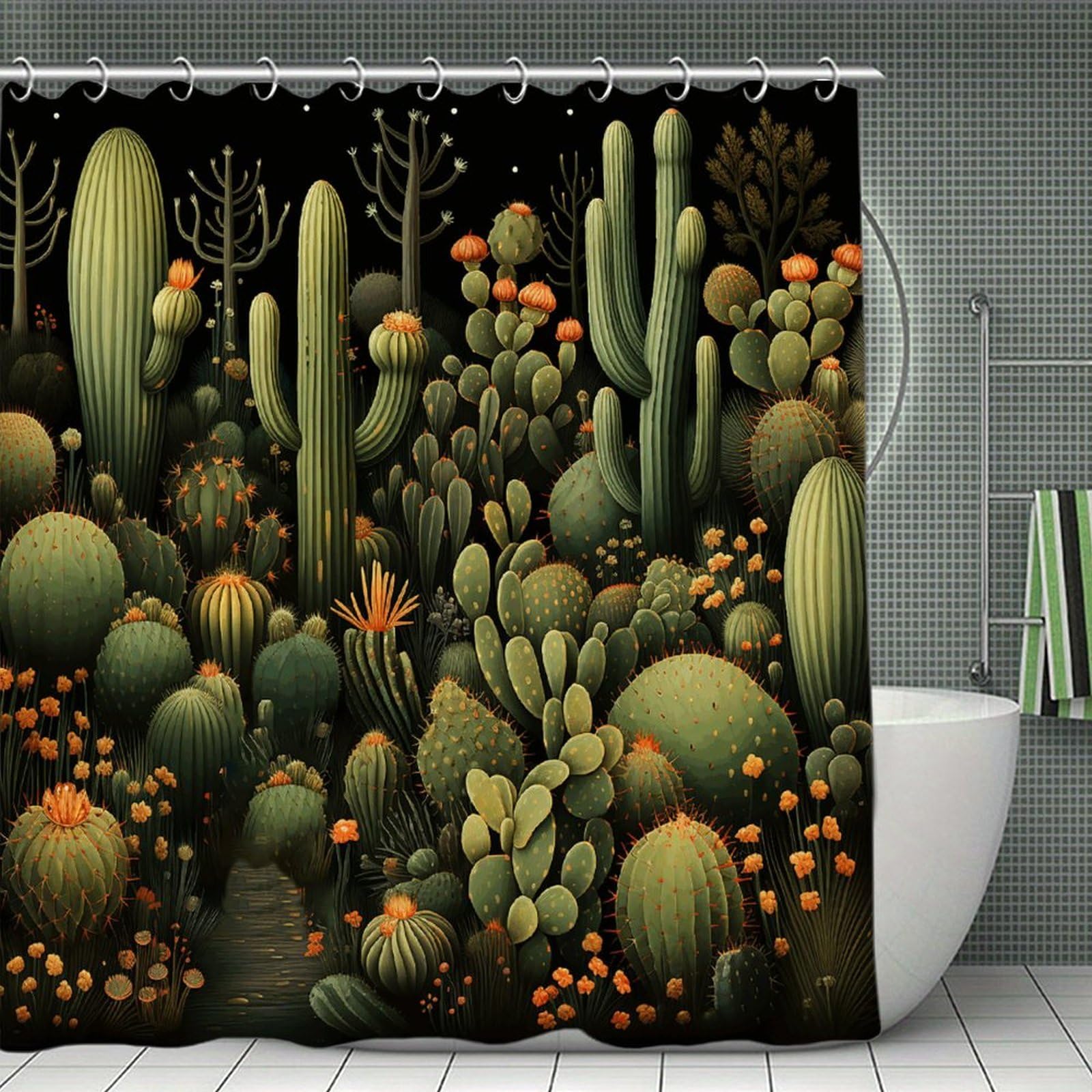 VstaDank Green Cactus Bath Curtain Elegant Heavy Duty Shower Curtains 70x70 in Rustic Farmhouse Cloth Shower Curtains Neutral Modern Bath Curtain for Bathroom