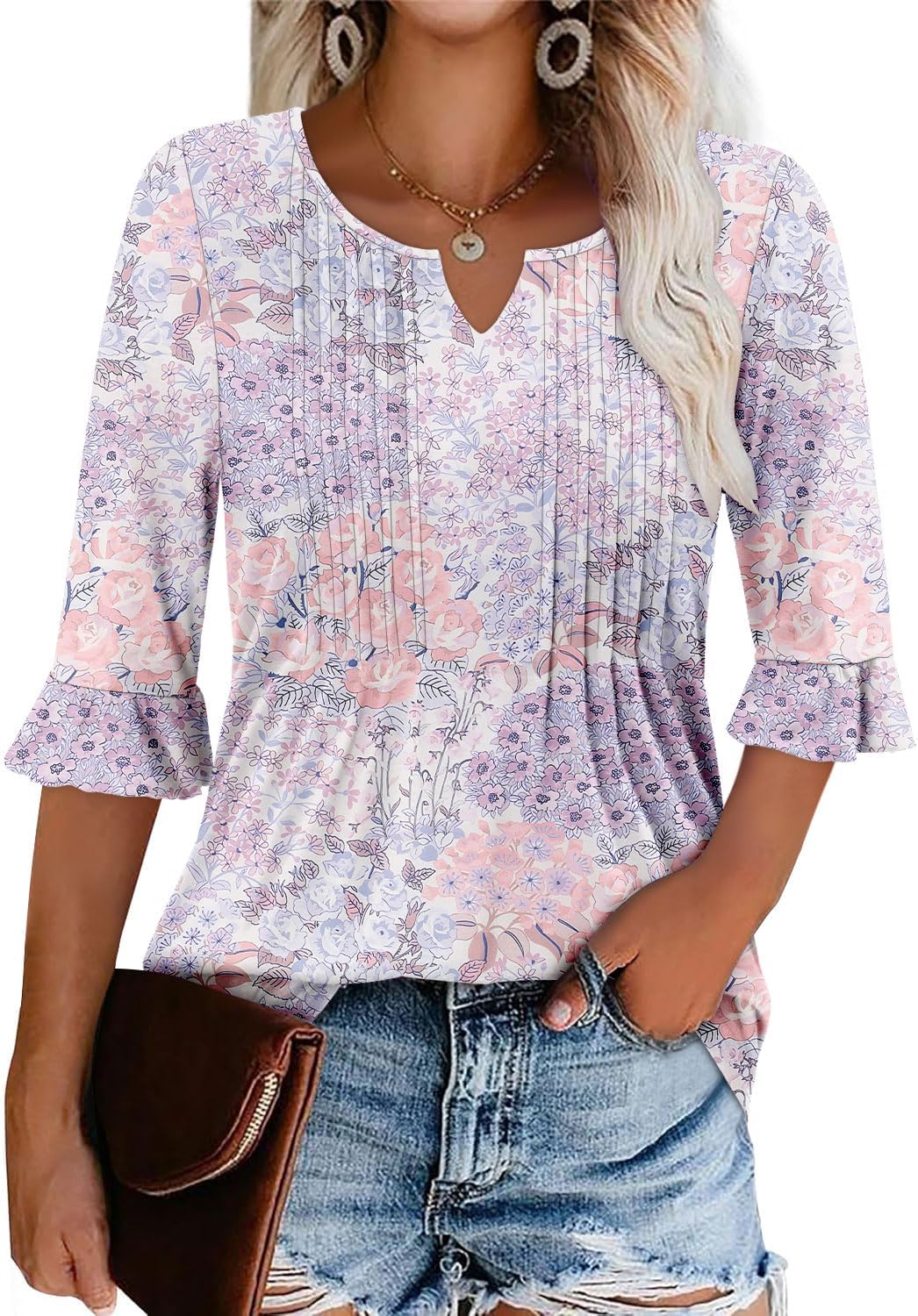 BETTE BOUTIK Women’s Summer Top: Small V-Neck Pleated Tunic Tops Shirt (Small, Blue Pink)