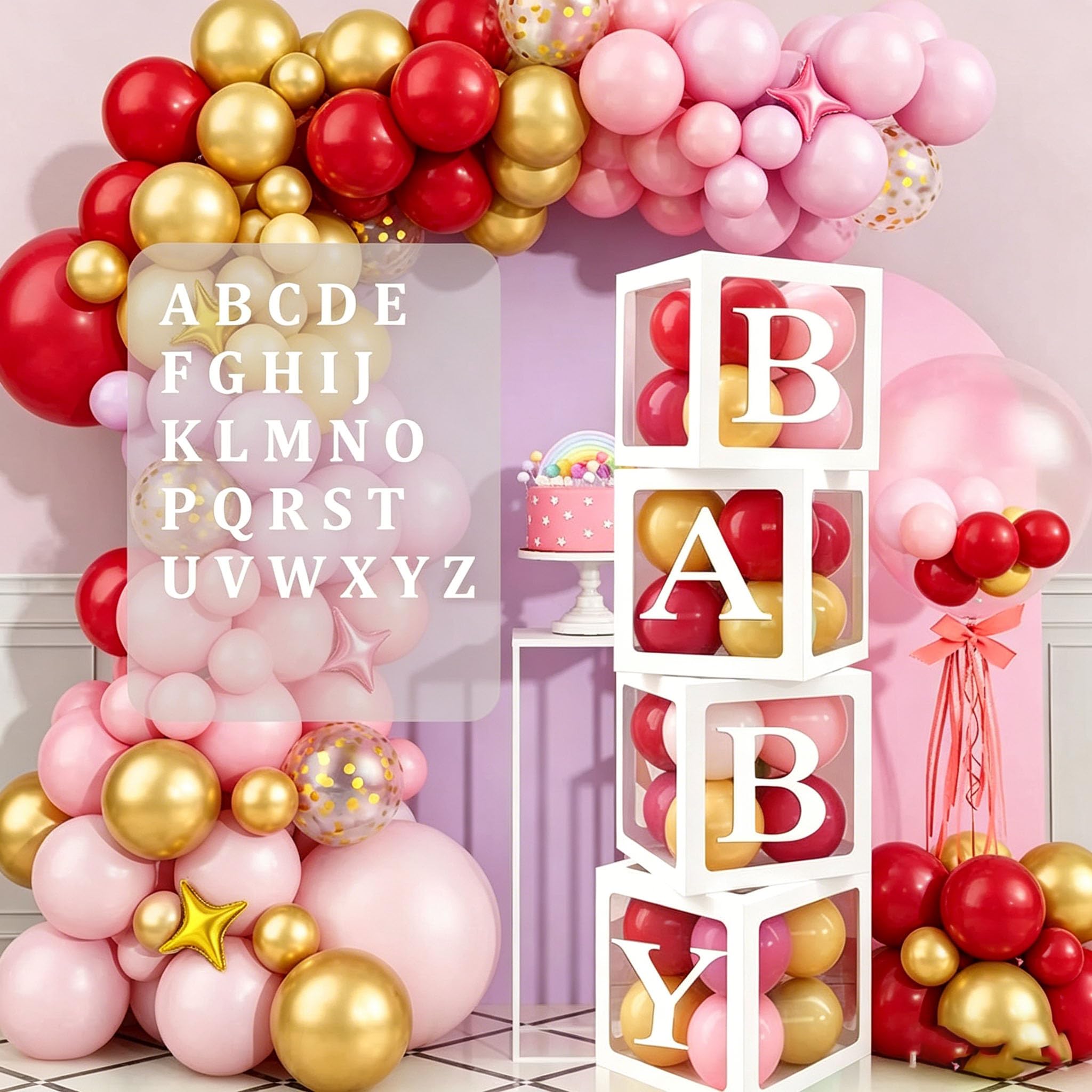 4PCS Balloon Boxes with 30 Letters (Party+Festival Set), Custom Celebration Box for Gender Reveal & Party Decoration, Balloon Boxes & Letter Balloons for Birthday, Anniversary, Christening