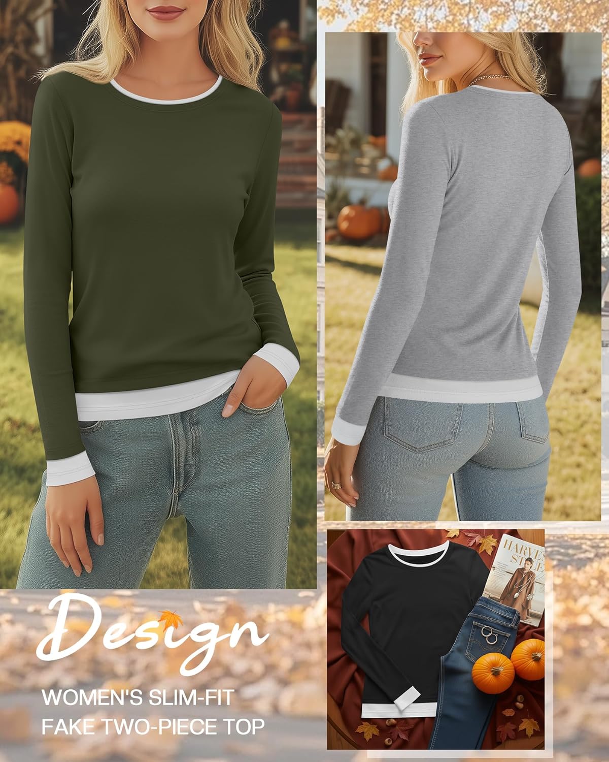 3 Pack Women's Long Sleeve Tops Patchwork Crewneck Fake Two Pieces Slim Fit Shirts Color Block Y2k Aesthetic Tee - Image 2