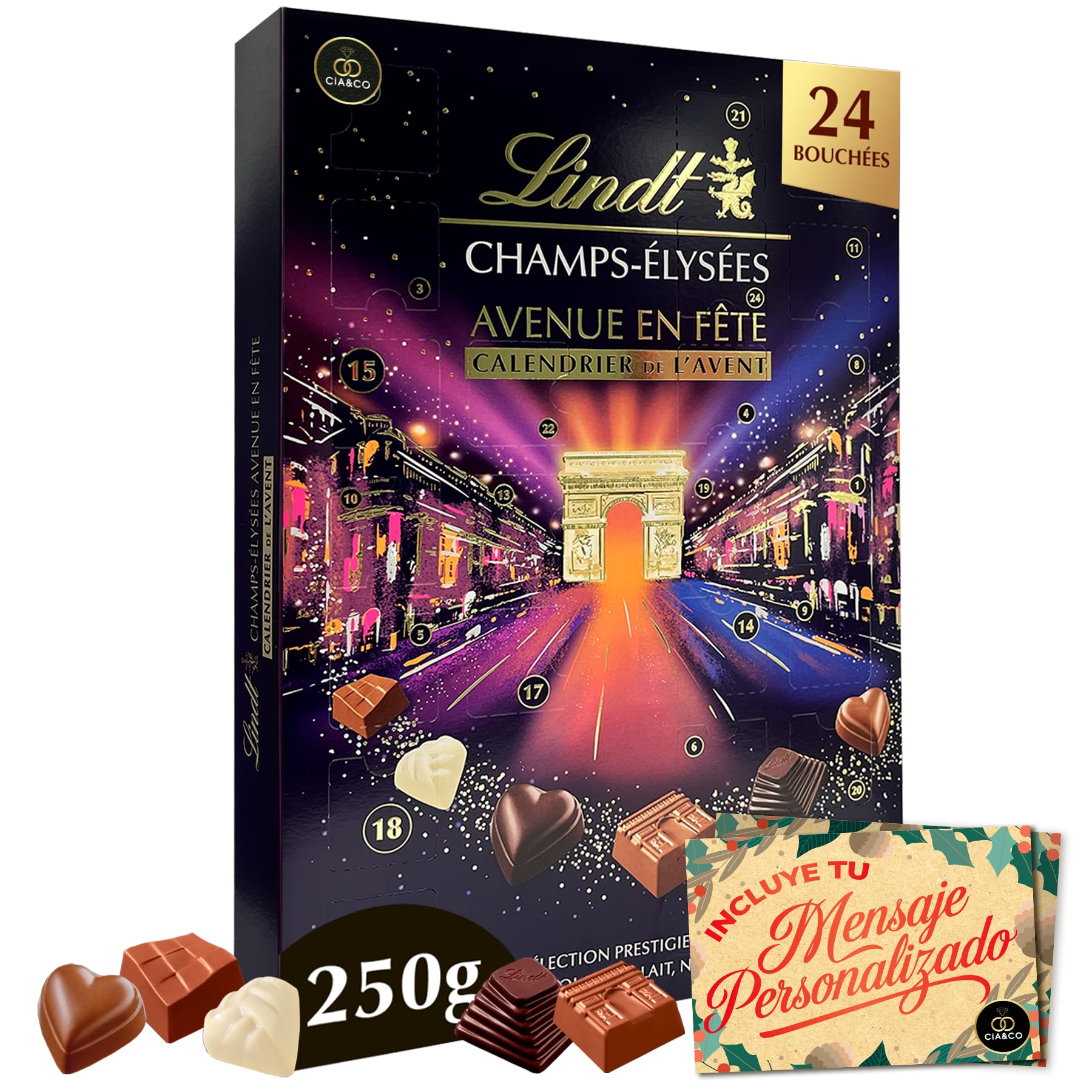 Calendario de Adviento Campos Elíseos + Tarjeta Personalizable Cia&Co con 24 Bombones Exclusivos de Chocolate Suizo · Con Leche, Negro y Blanco · Recetas Praliné, Caramelo y Fondant 250 g