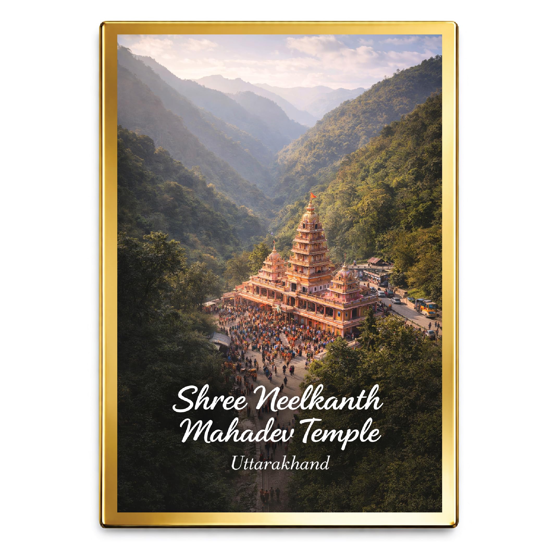 Uttarakhand Decor Plastic Fridge Magnet with Golden Border for Home & Office (Shree Neelkanth Mahadev Temple, 4x3 inch)-image-2
