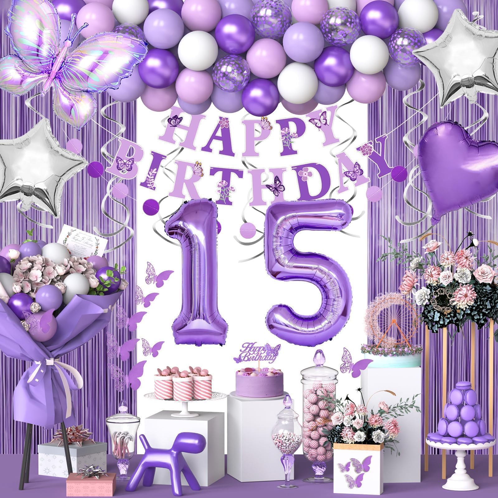 15th Purple Birthday Decorations for Girls, Purple Pink 15th Birthday Decorations Butterfly Theme Lavender Party Decor Set with Number Balloons,