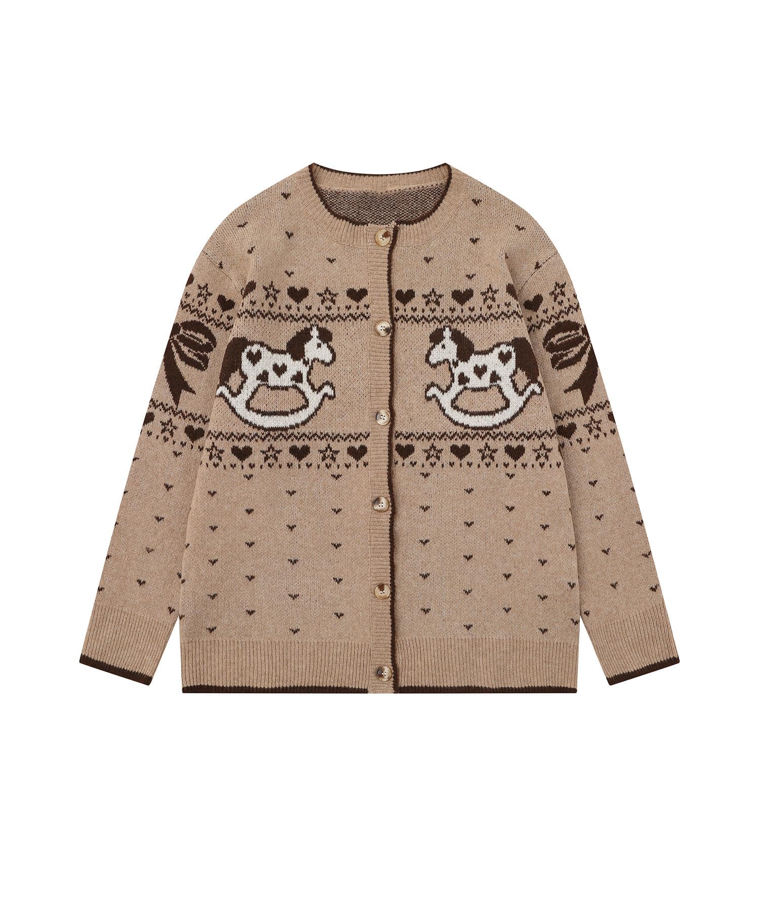 Bakyarder Womens Vintage Beige Rocking Horse Knit Cardigan Retro Fair Isle Pattern Heart Motifs Bow Details
