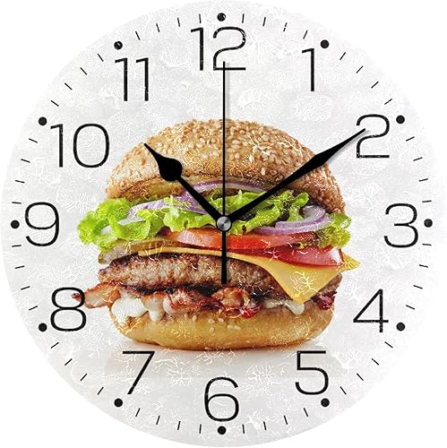 Tarity Reloj de pared con forma de hamburguesa, funciona con pilas, silencioso, moderno, redondo, decorativo, para sala de estar, cocina,