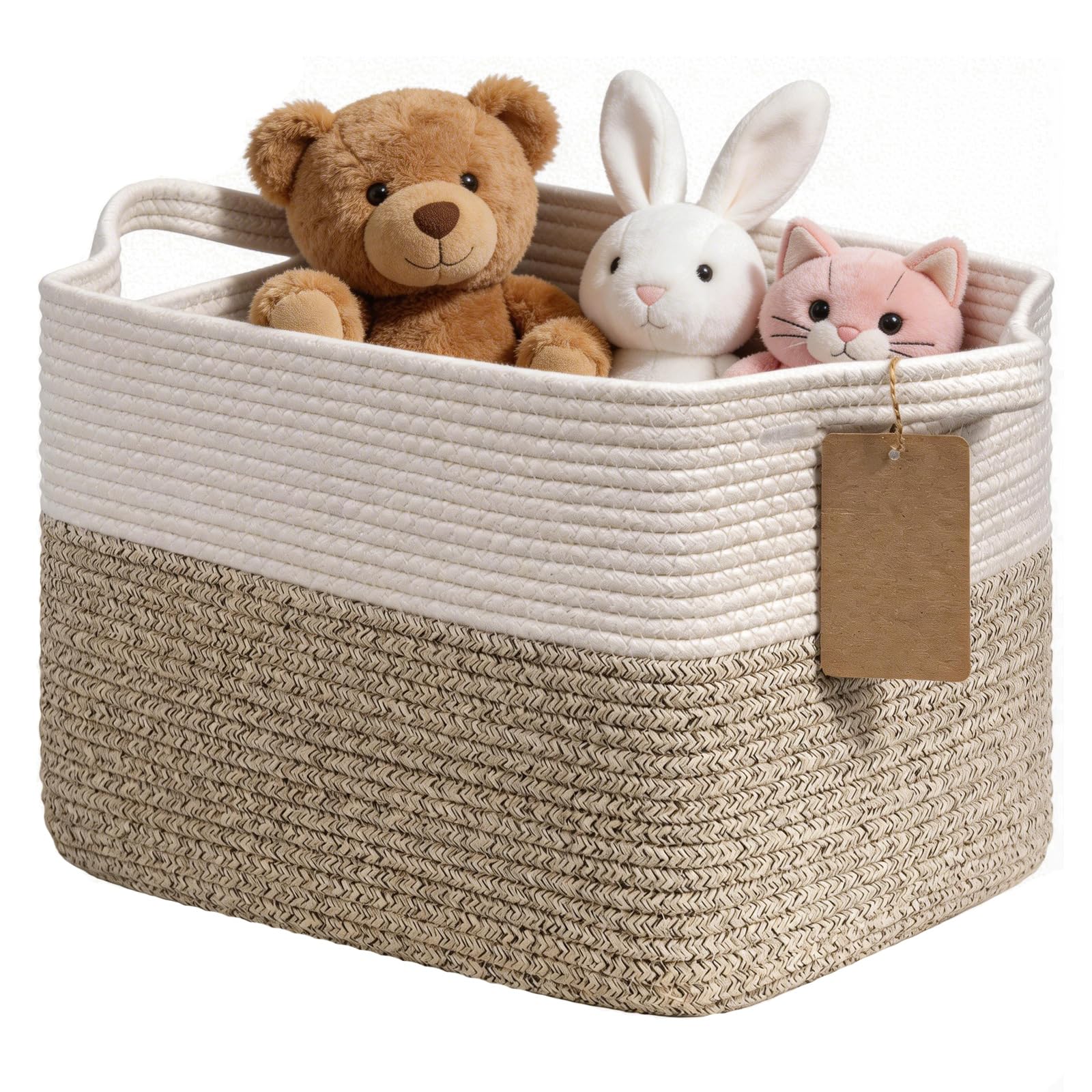 Small Storage Baskets for Shelves, Cotton Woven Rope Toy Storage Box, Rectangular Baby Laundry Basket for Nursery, Bedroom, Wardrobe Organiser Bin for Blankets Towels Clothes -33x25x23cm / White-Brown